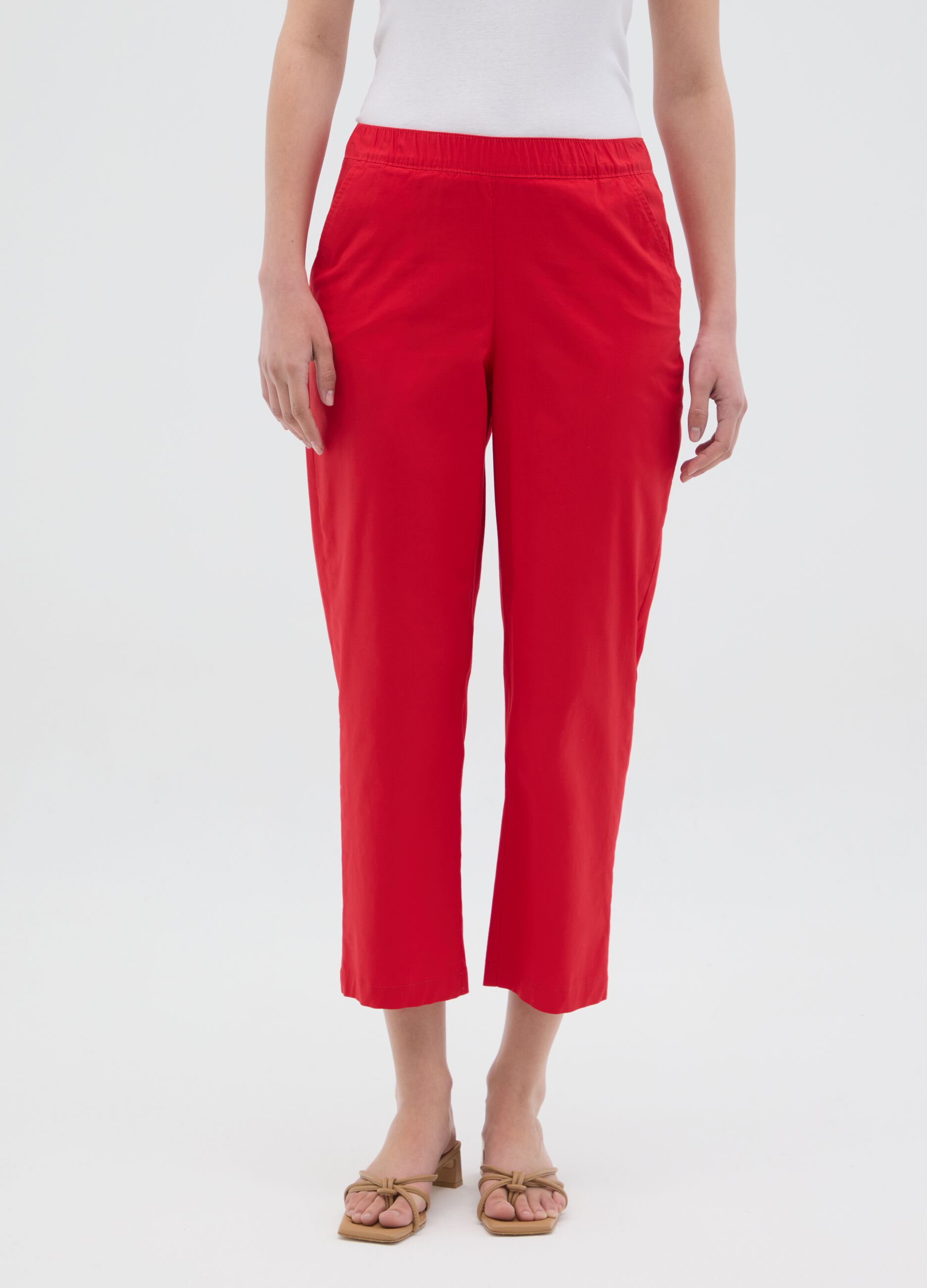 Pantaloni da donna in cotone elasticizzato rossi regular fit