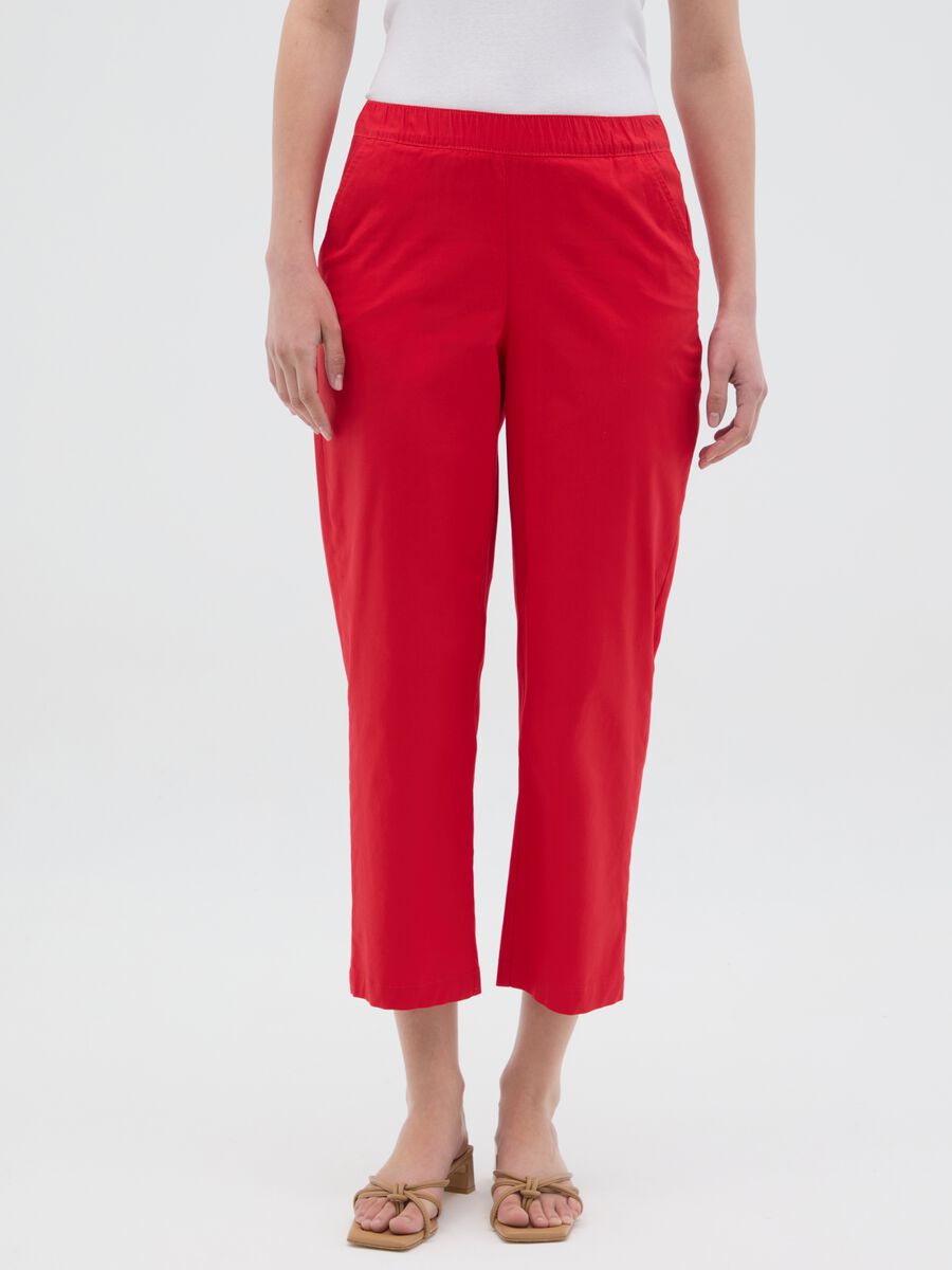 Women's red regular fit stretch cotton trousers_1