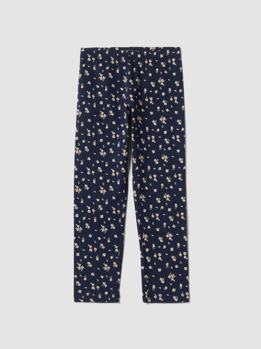 Leggings blu in cotone organico elasticizzato a fiori_0
