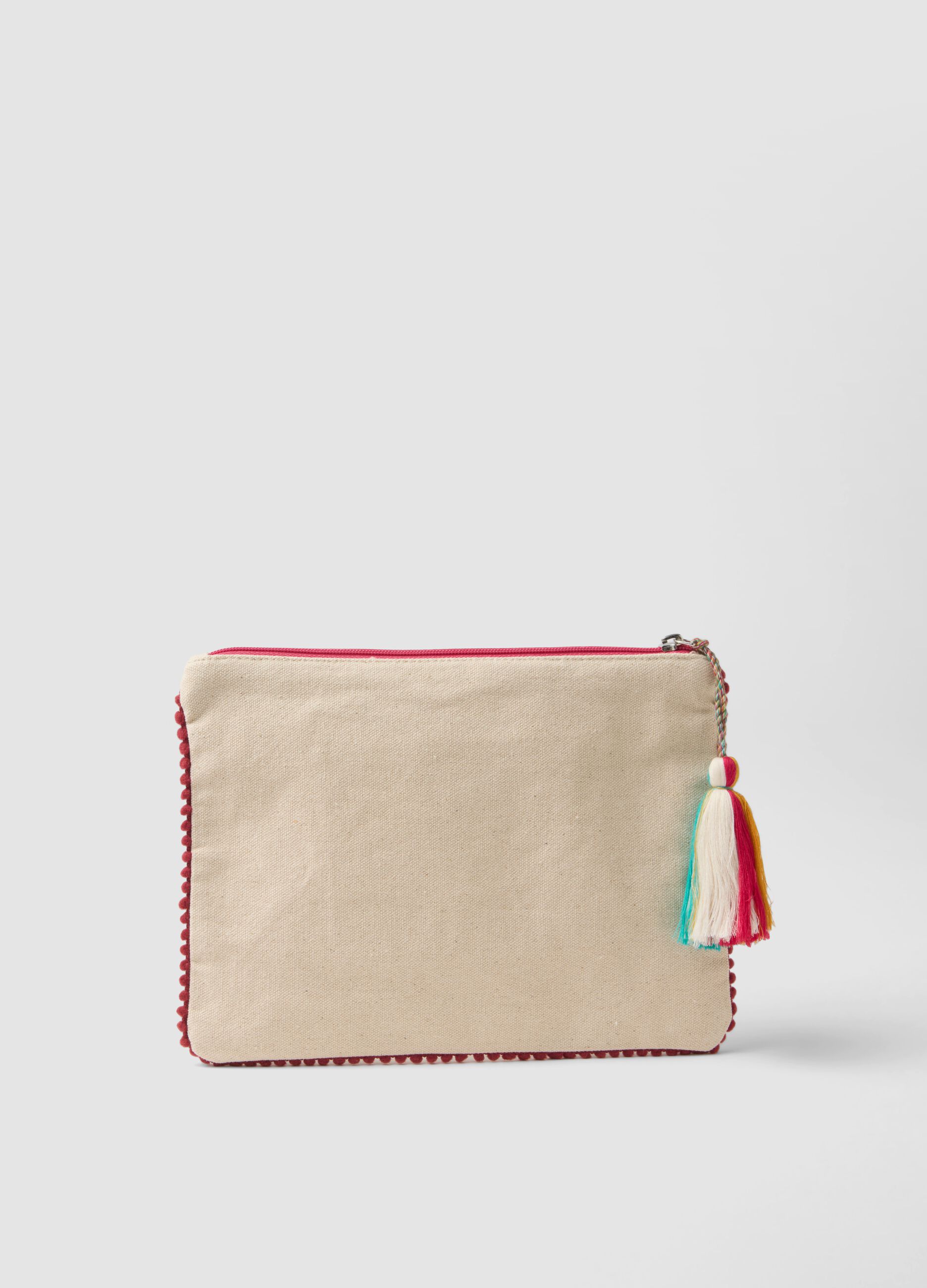 Pochette in puro cotone beige con nappina e zip