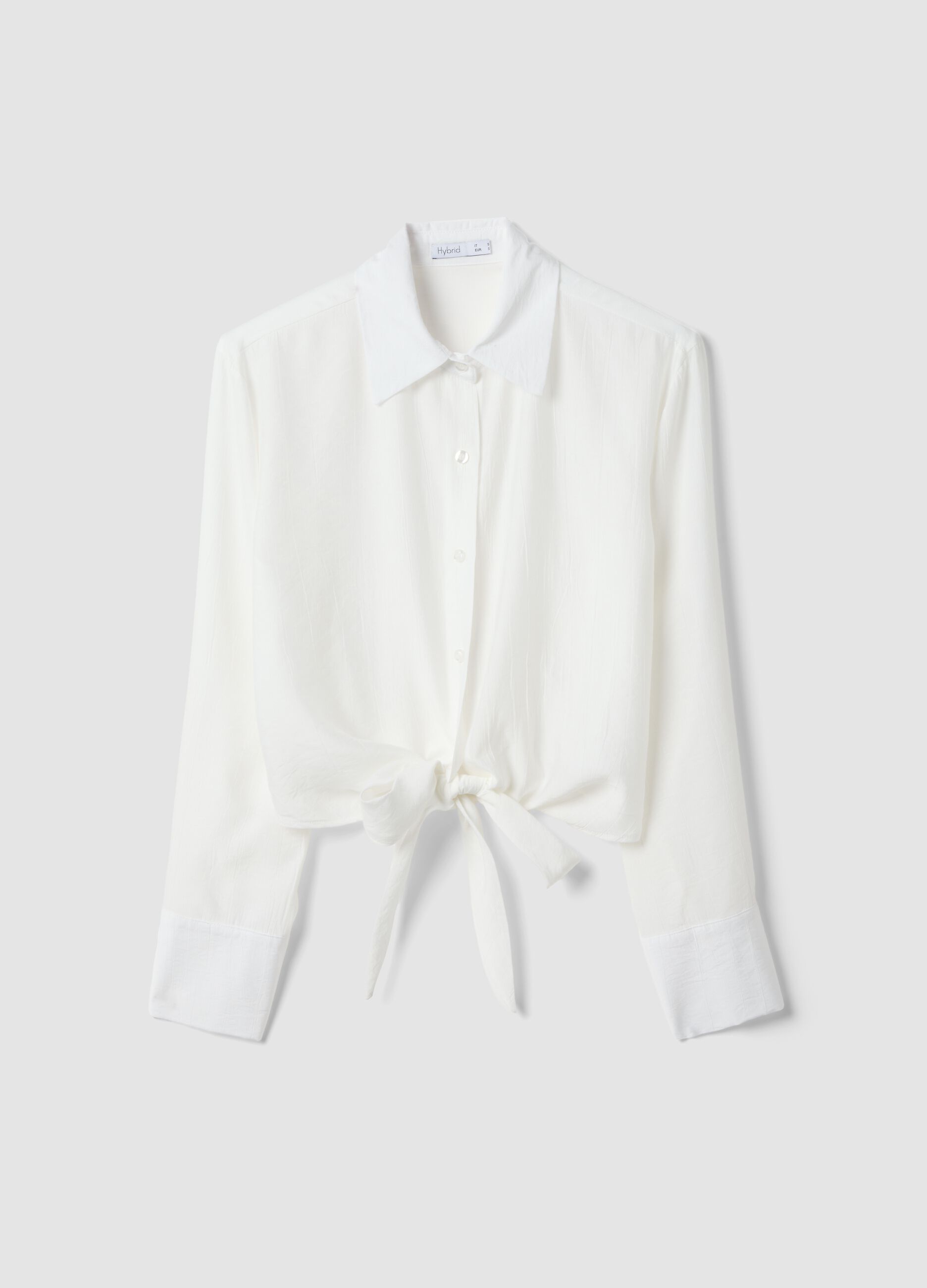 White cropped viscose-blend shirt with knot, regular fit
