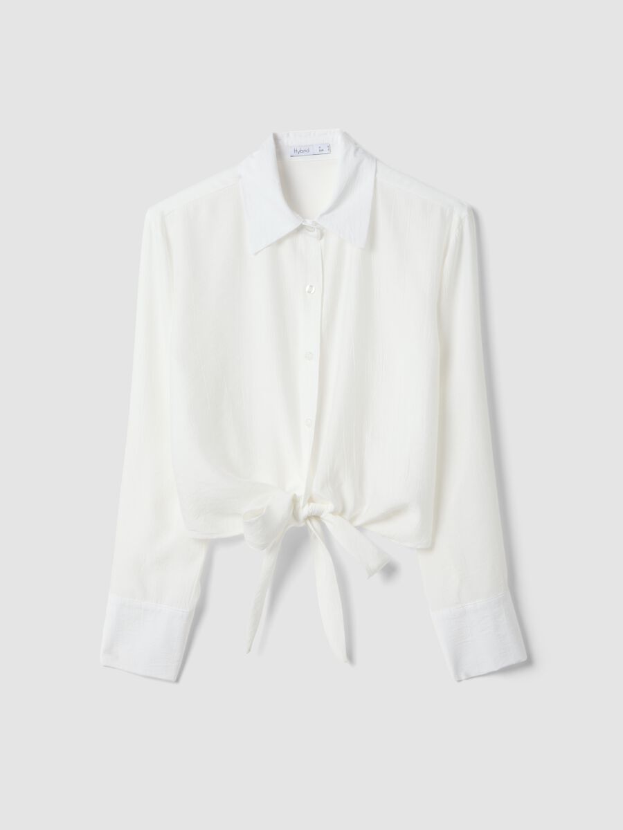 White cropped viscose-blend shirt with knot, regular fit_4
