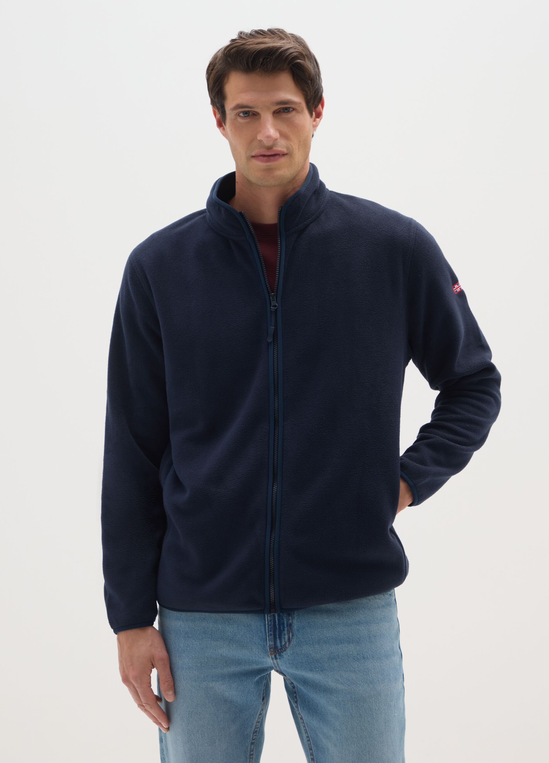 Regular Fit Blue Fleece Jacket with Zip