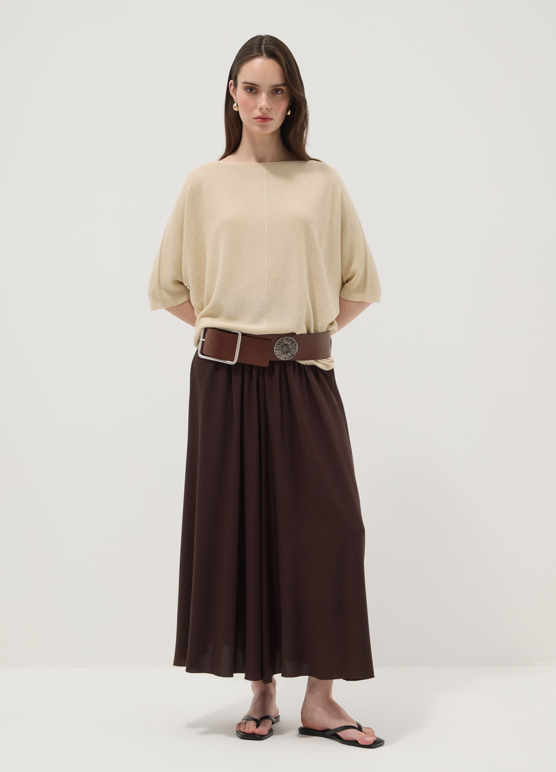 Wide brown pure viscose trousers with elasticated waist, regular fit