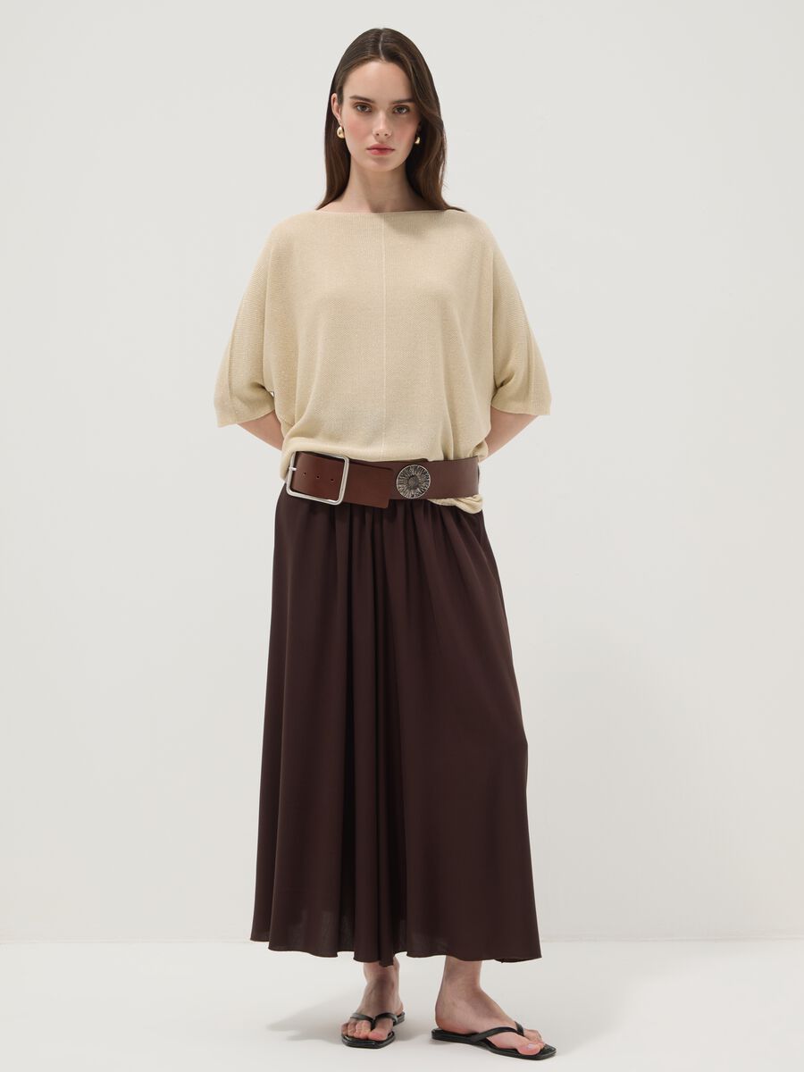 Wide brown pure viscose trousers with elasticated waist, regular fit_0