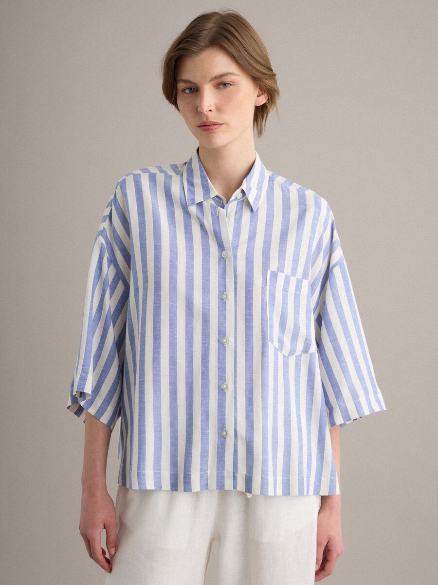 Multicolour striped viscose and linen-blend oversized shirt_0