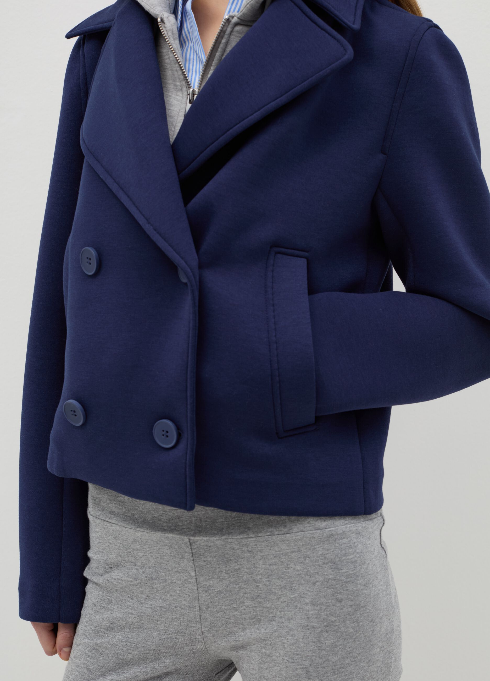 Short blue double-breasted peacoat jacket
