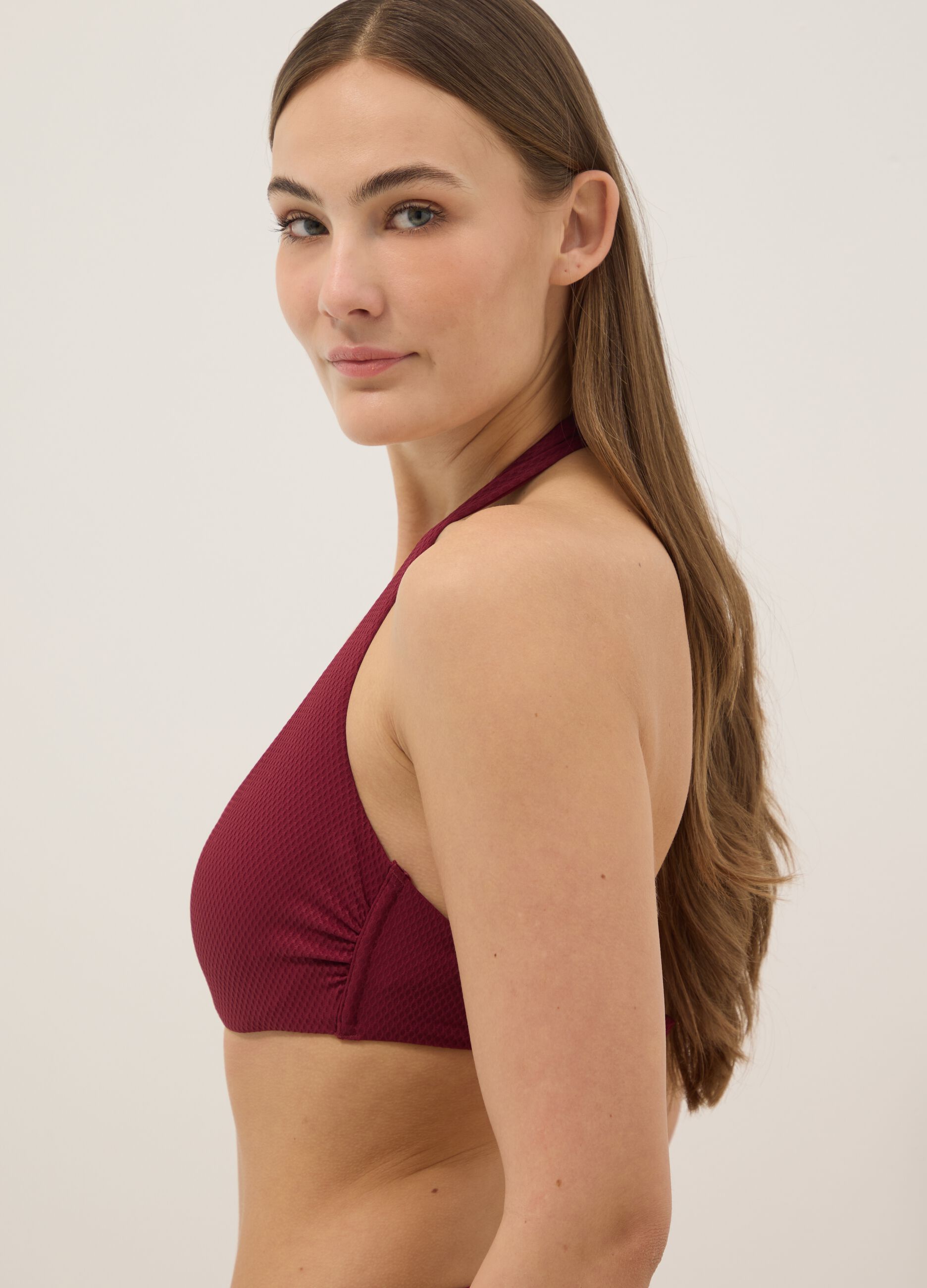 Red stretch triangle bikini top with central buckle