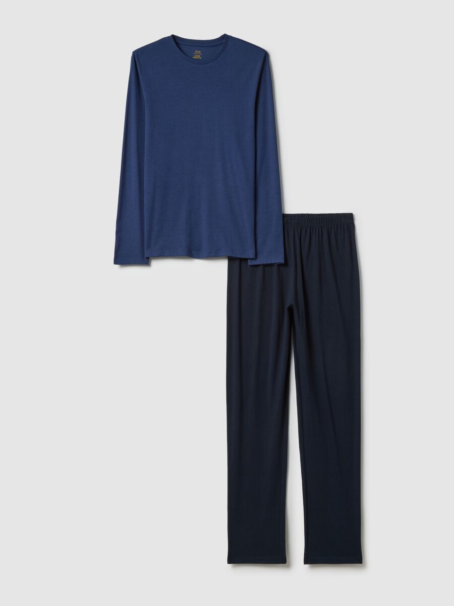 Blue crew neck long sleeve pyjama in pure cotton regular fit_4