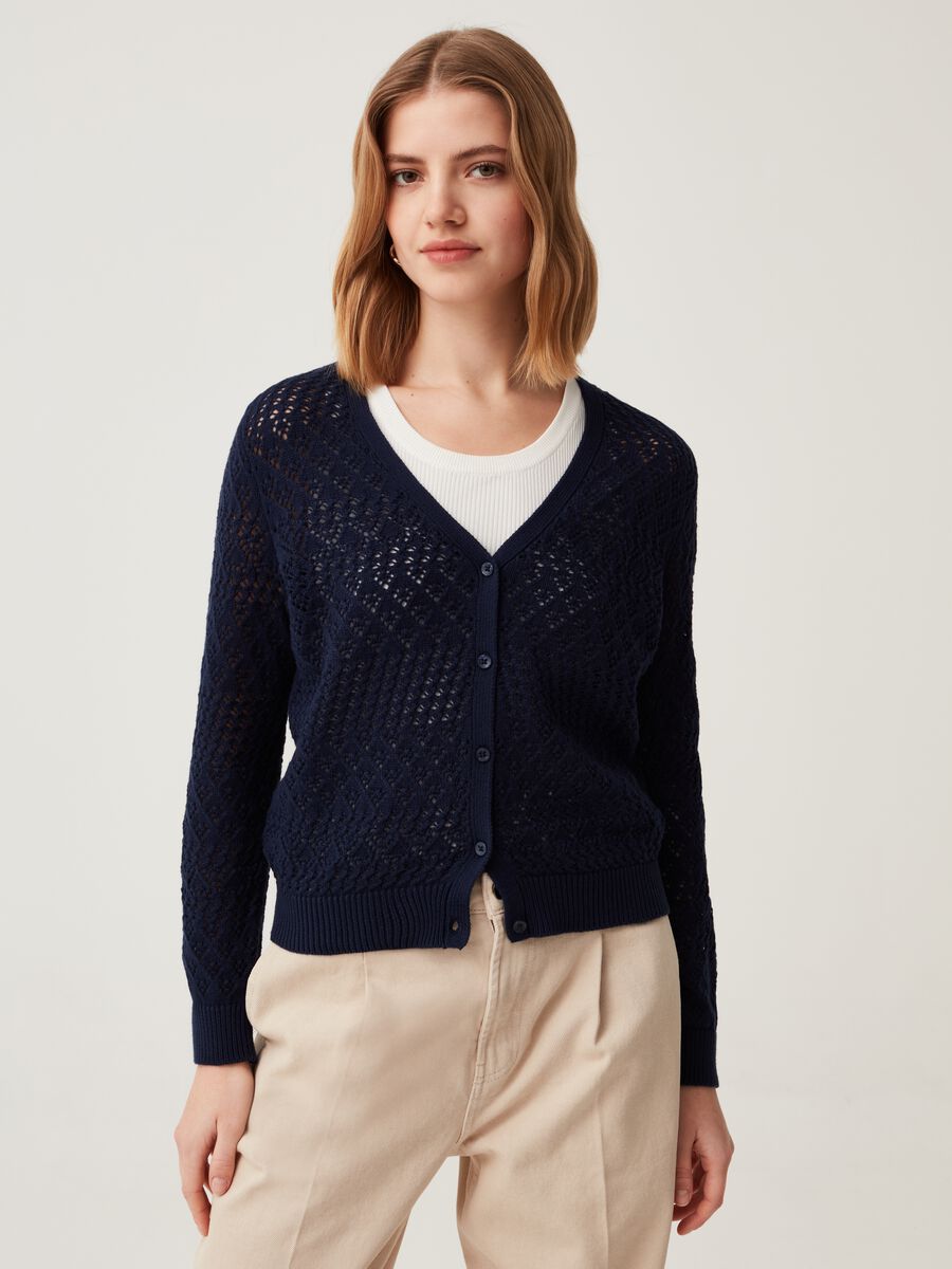 Cotton crochet V-neck cardigan_1