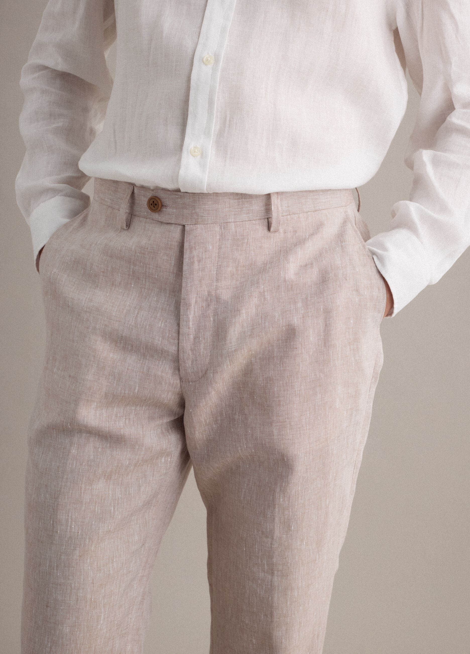 Beige pure linen slim fit trousers