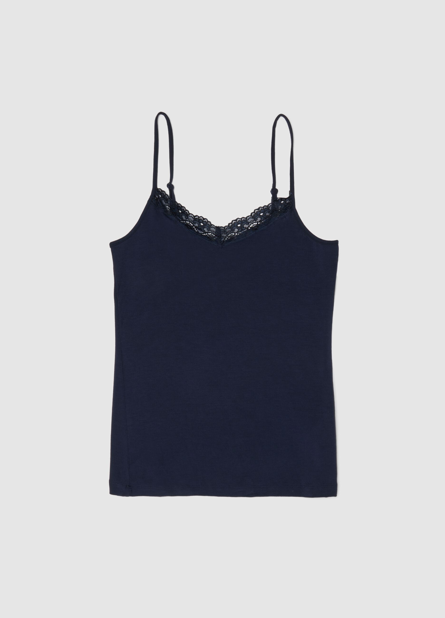 Canottiera in viscosa elasticizzata blu slim fit con pizzo