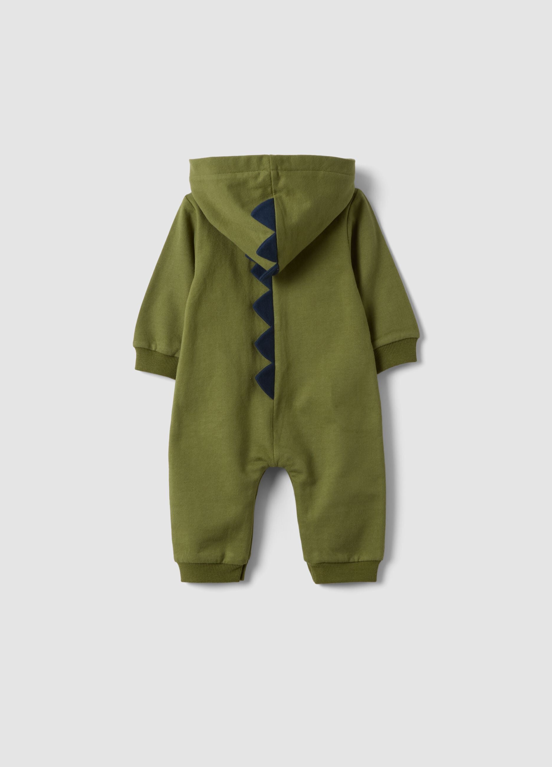 Green dinosaur hooded babygrow in pure organic cotton