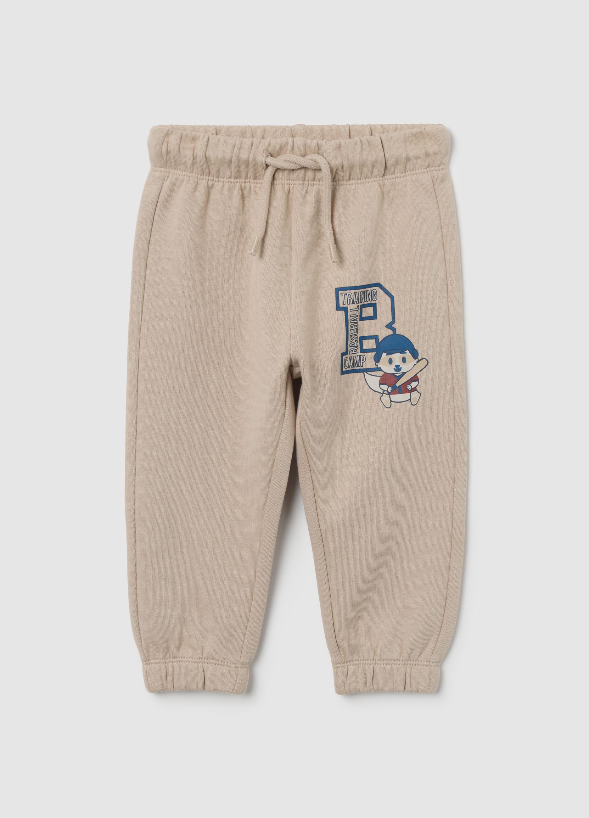 Children's beige pure cotton regular fit trousers with print