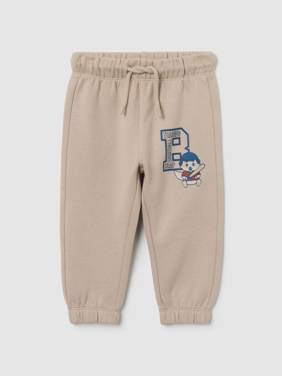 Children's beige pure cotton regular fit trousers with print_0