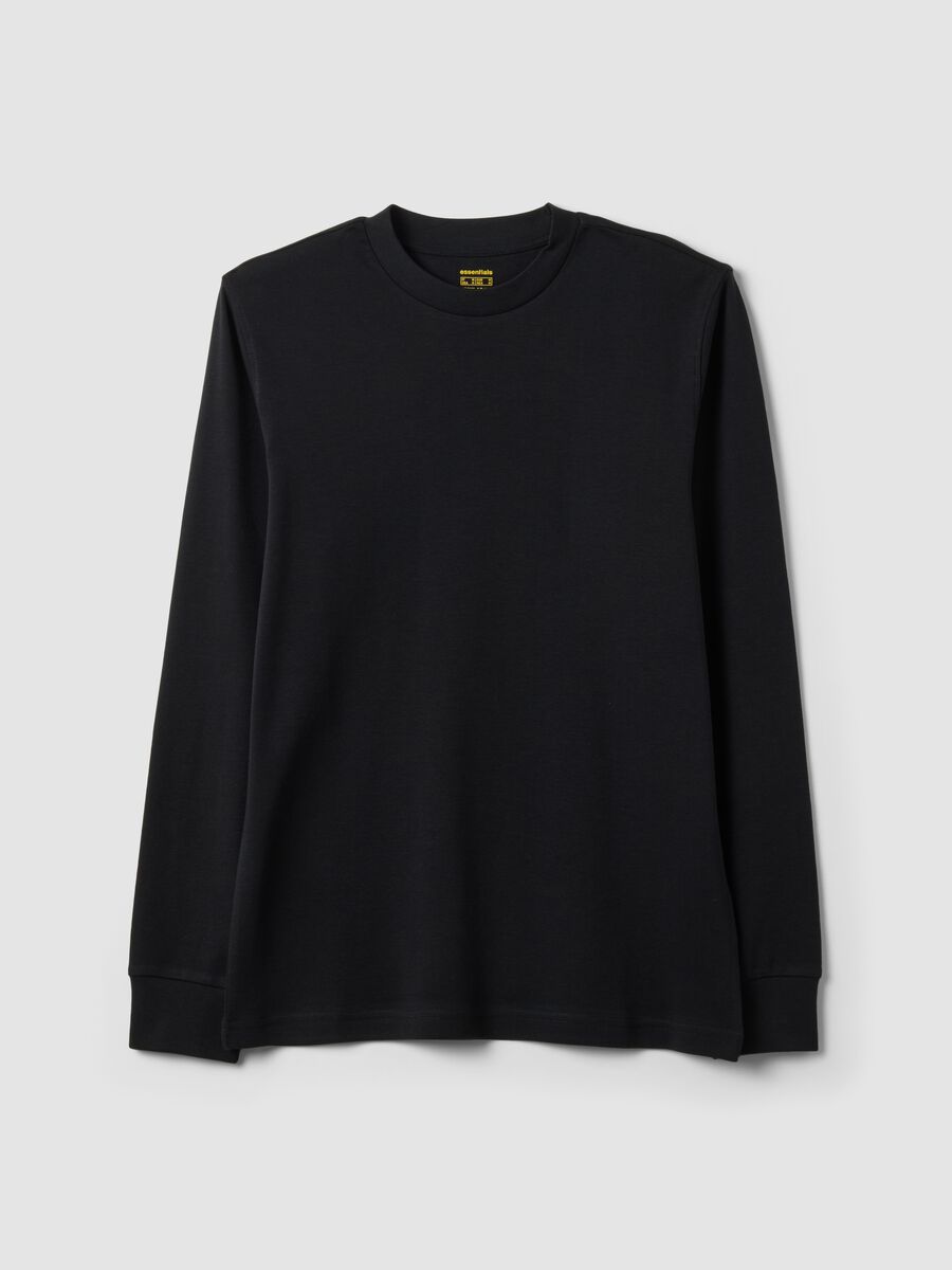 T-shirt nera in puro cotone girocollo a maniche lunghe regular fit_0