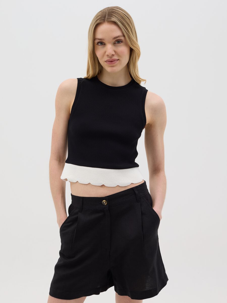 Black Sleeveless Ovs Top in Stretch Cotton_0