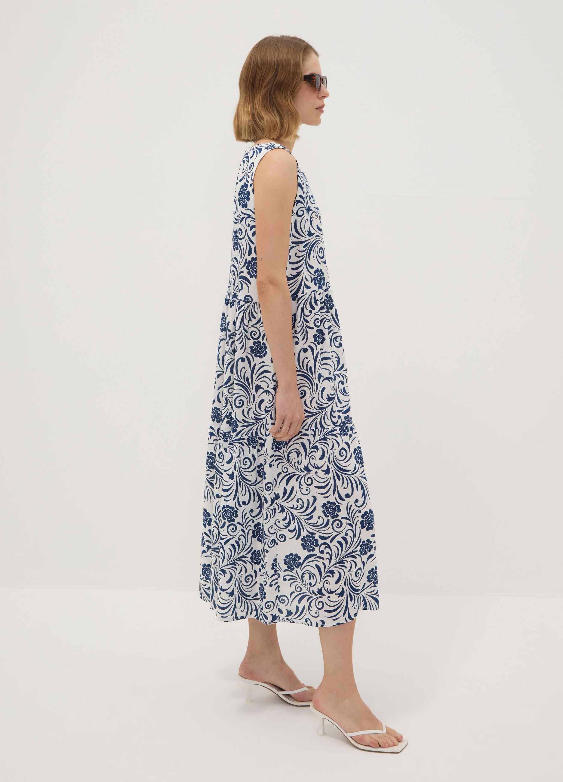 Blue pure viscose dress with floral print, regular fit