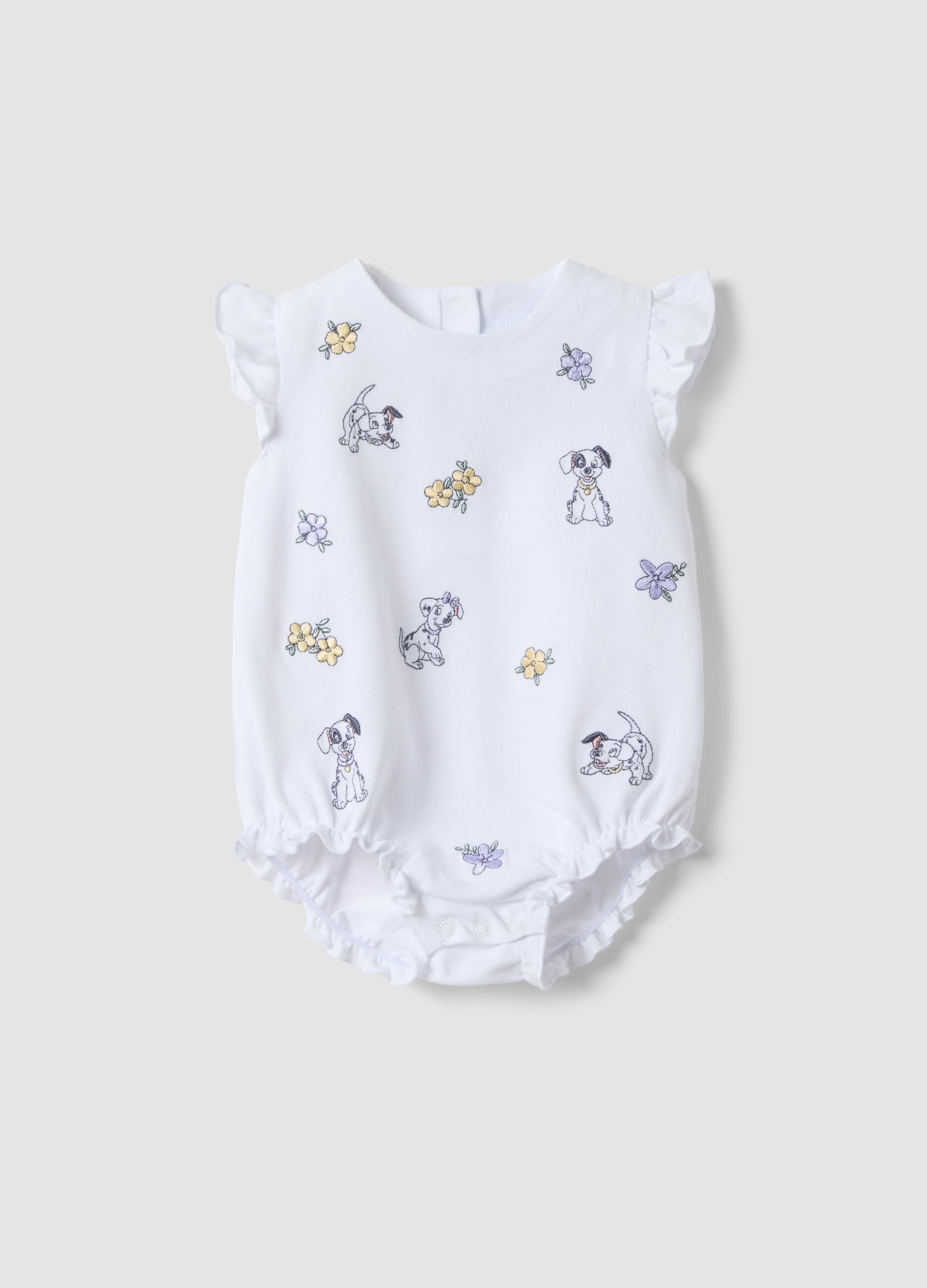 White organic cotton baby romper with ruffles