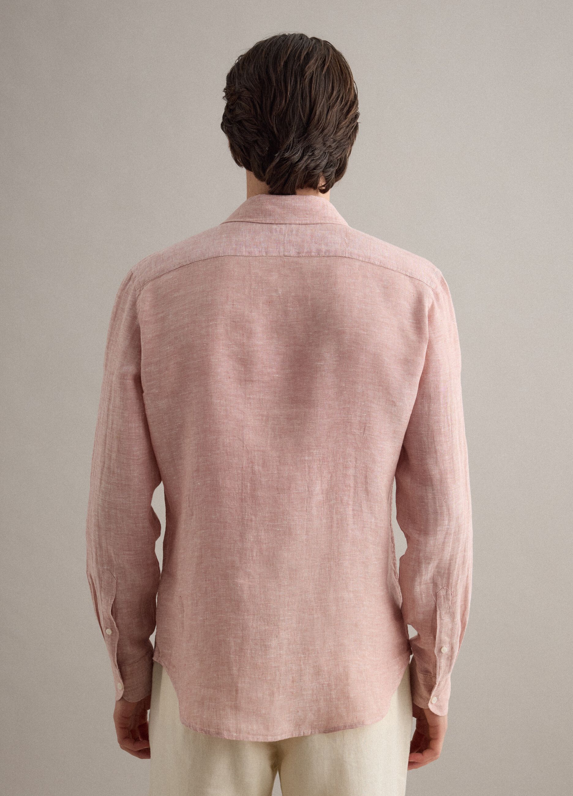 Slim Fit Long Sleeve Pink Pure Linen Shirt