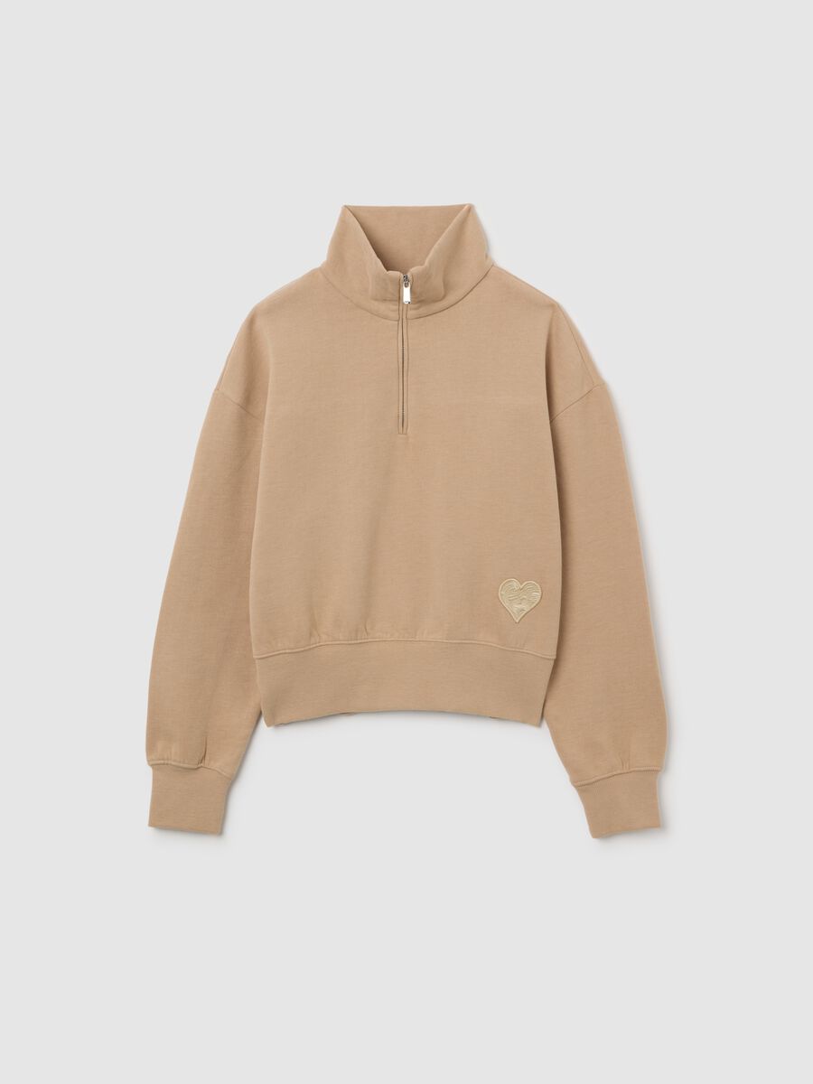 Felpa con mezza zip beige da ragazza in misto cotone relaxed fit_3