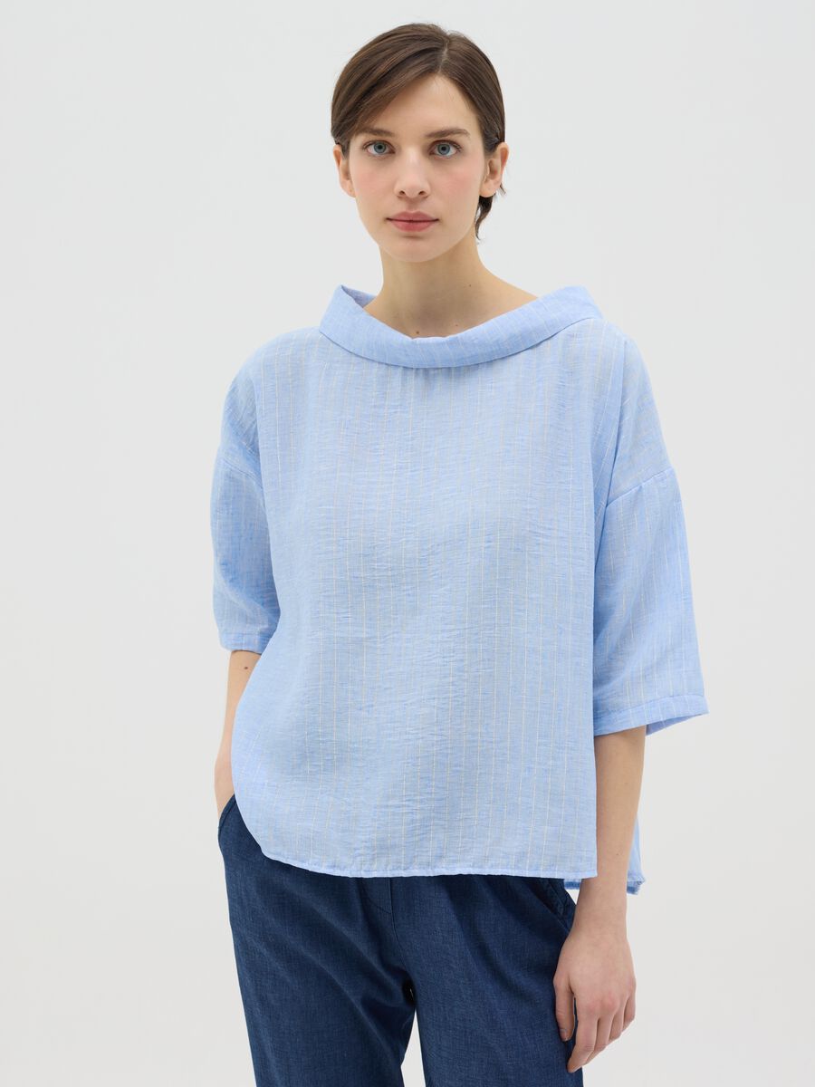 Light blue pinstriped top in lurex with cowl neck_0
