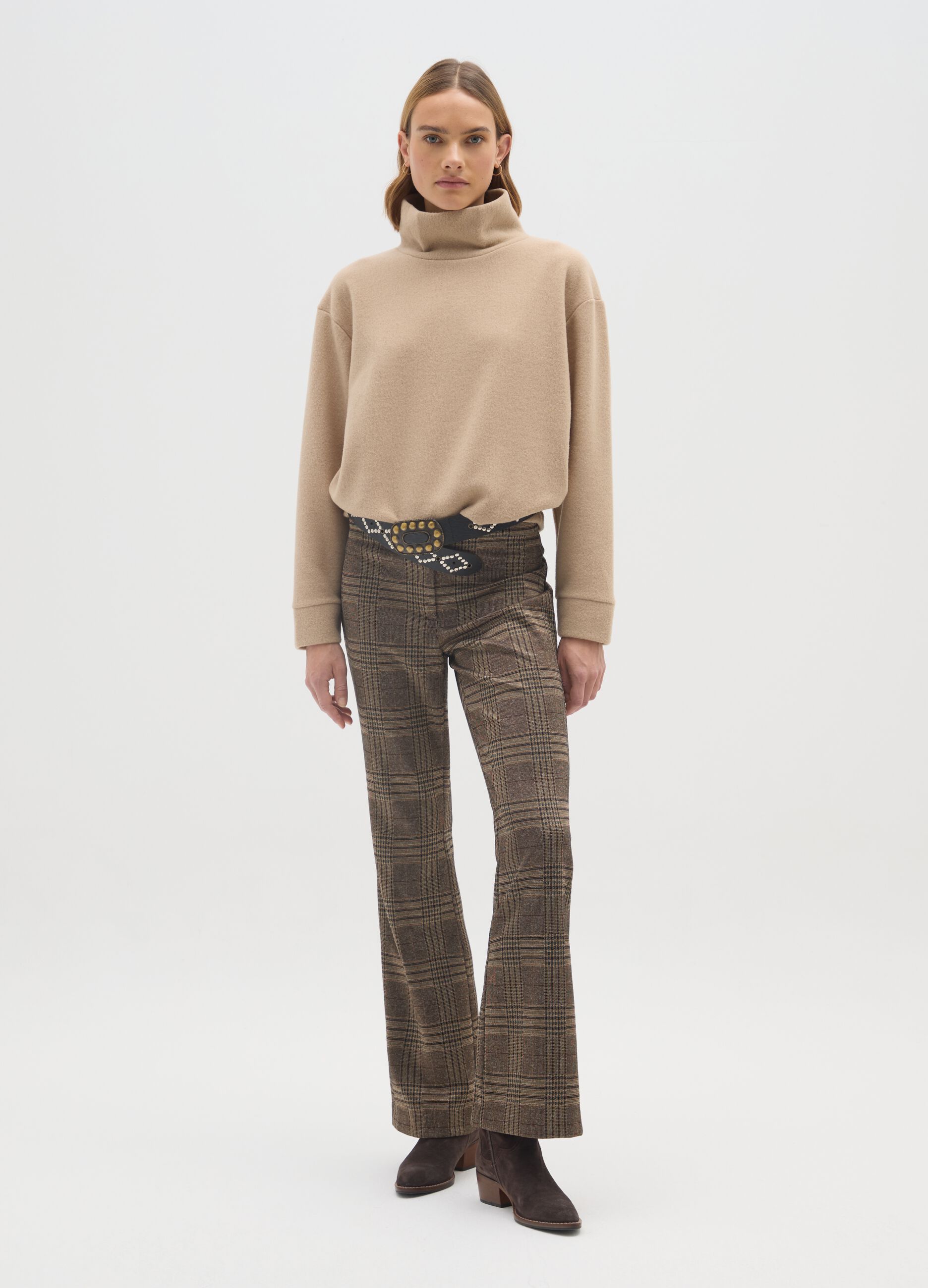 Brown Check Flare Trousers