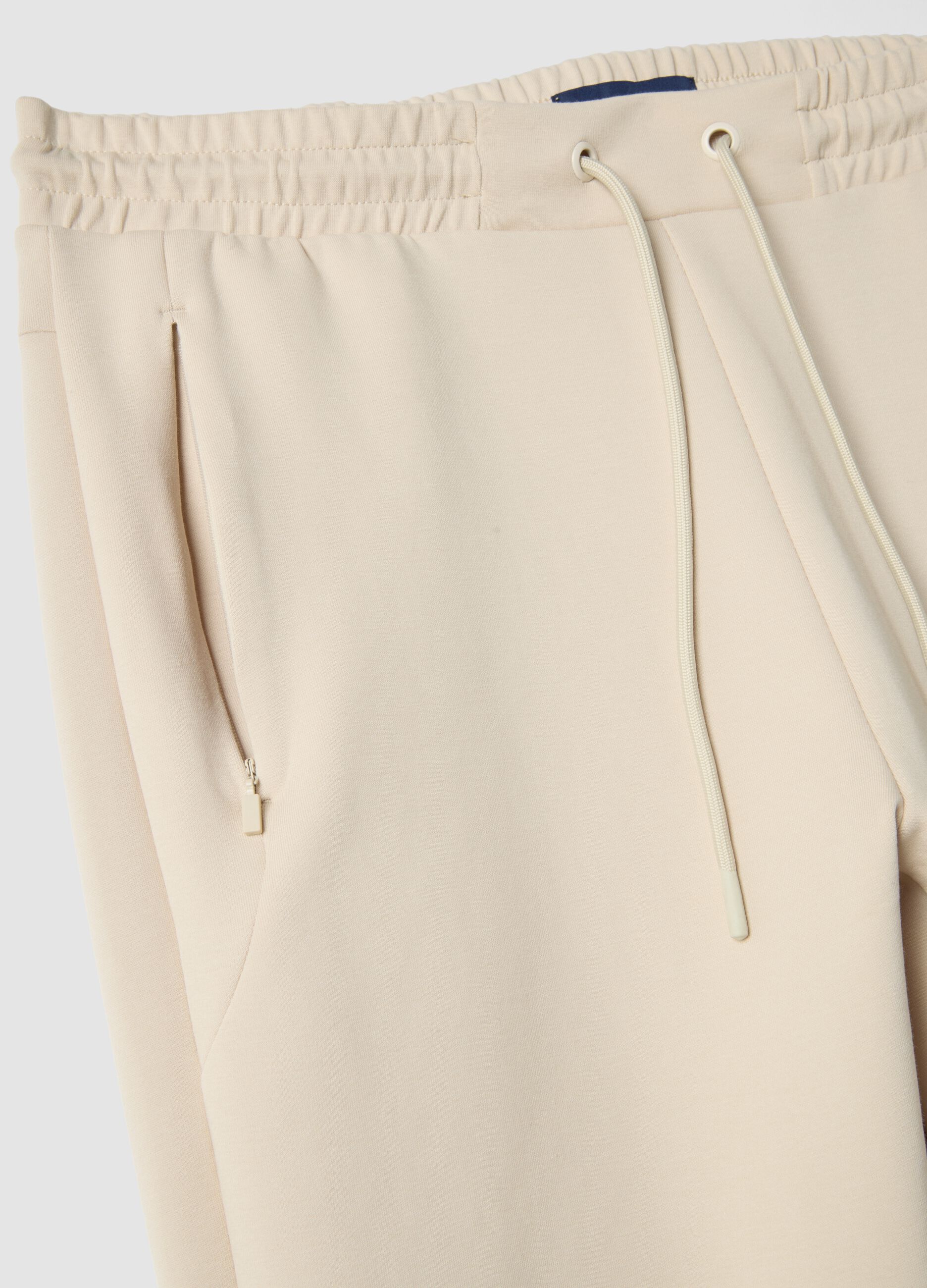 Beige Stretch Cotton Blend Joggers, Regular Fit