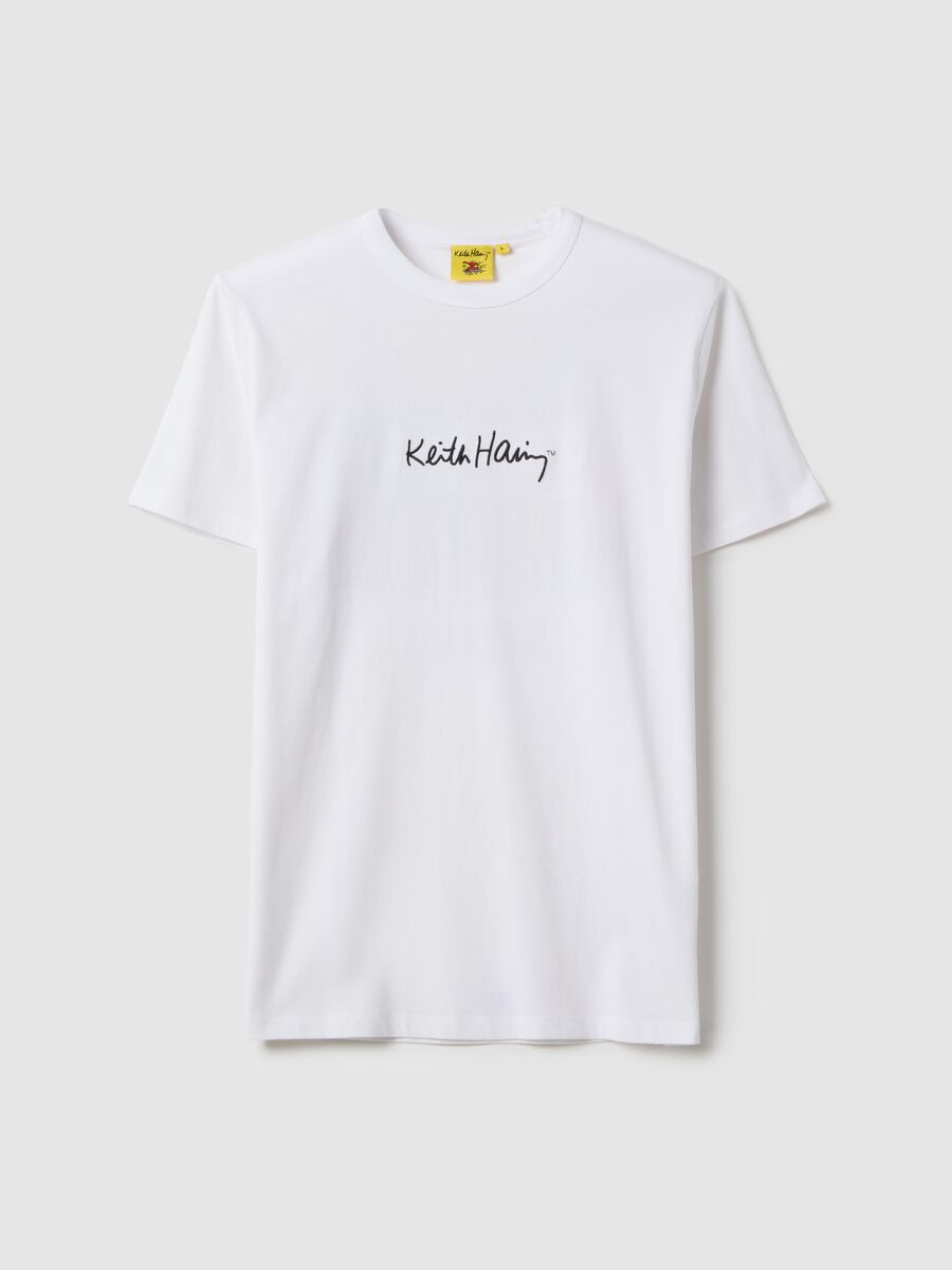 White short-sleeve pure cotton T-shirt with Keith Haring signature_4