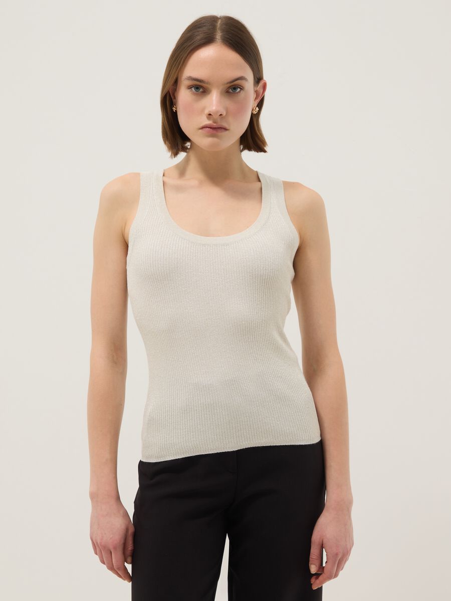 White viscose blend fitted tank top_1