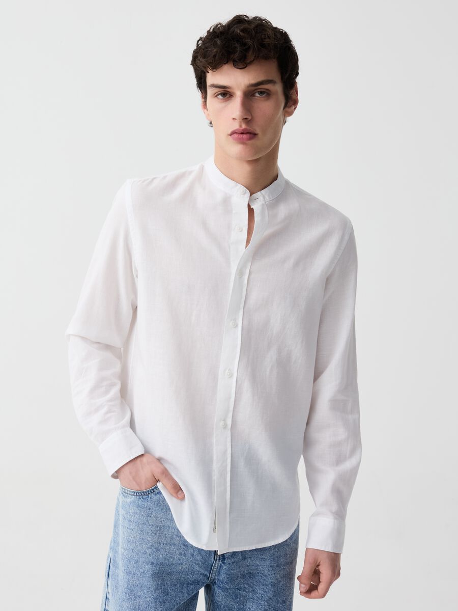 Cotton and linen shirt with mandarin collar_1