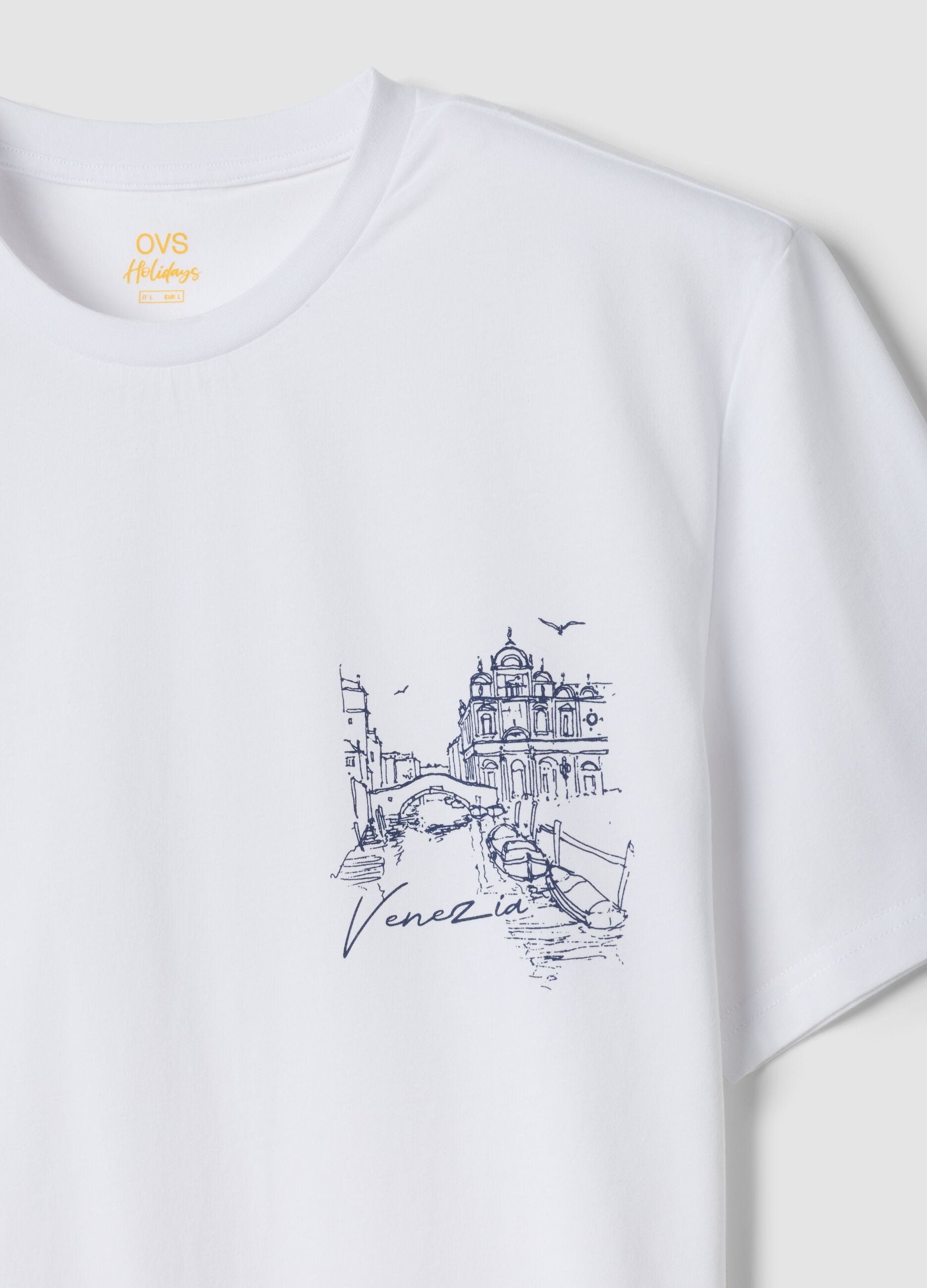 White pure cotton T-shirt with print, regular fit