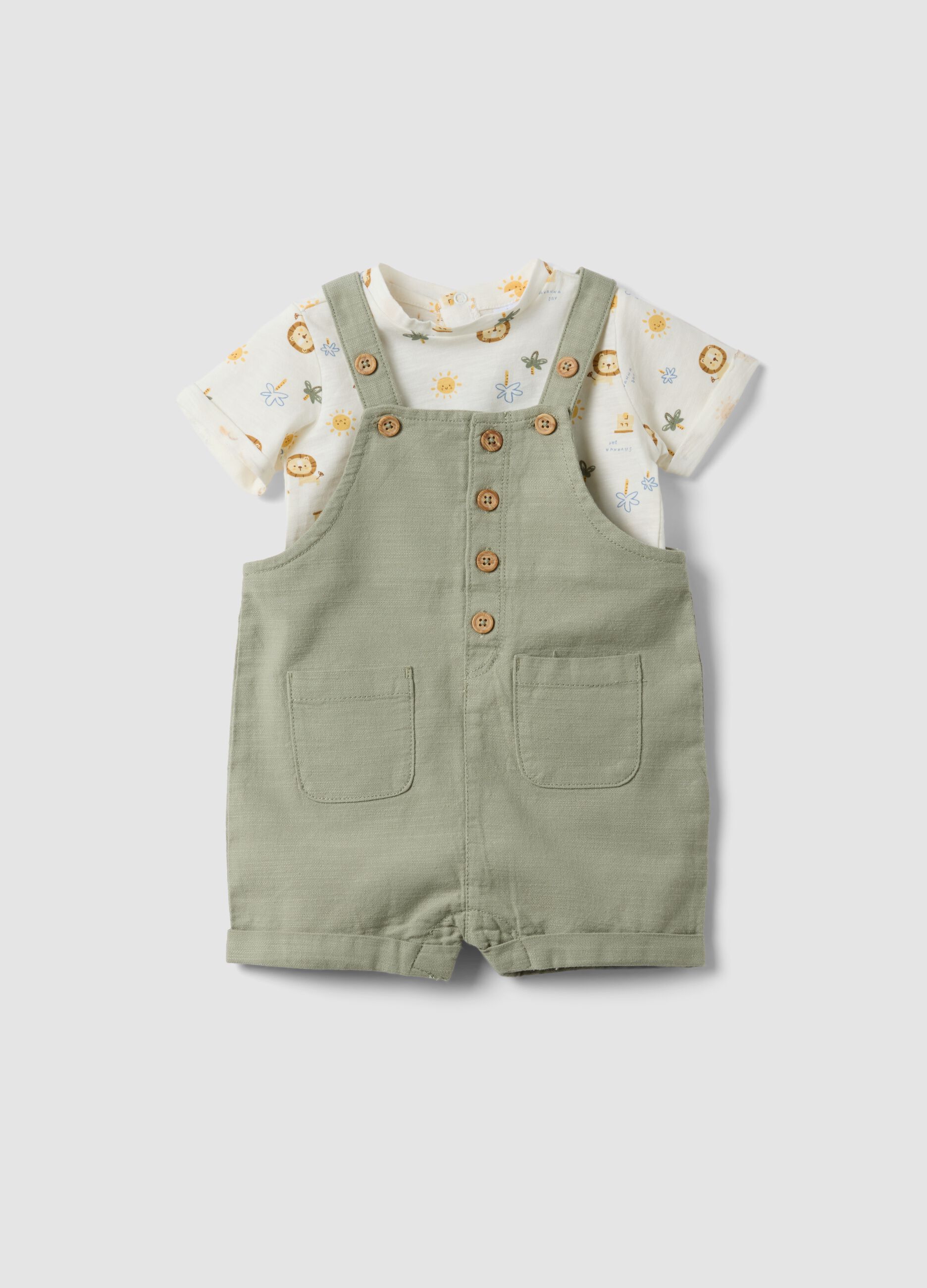 Green pure cotton set with short dungarees and printed T-shirt for babies
