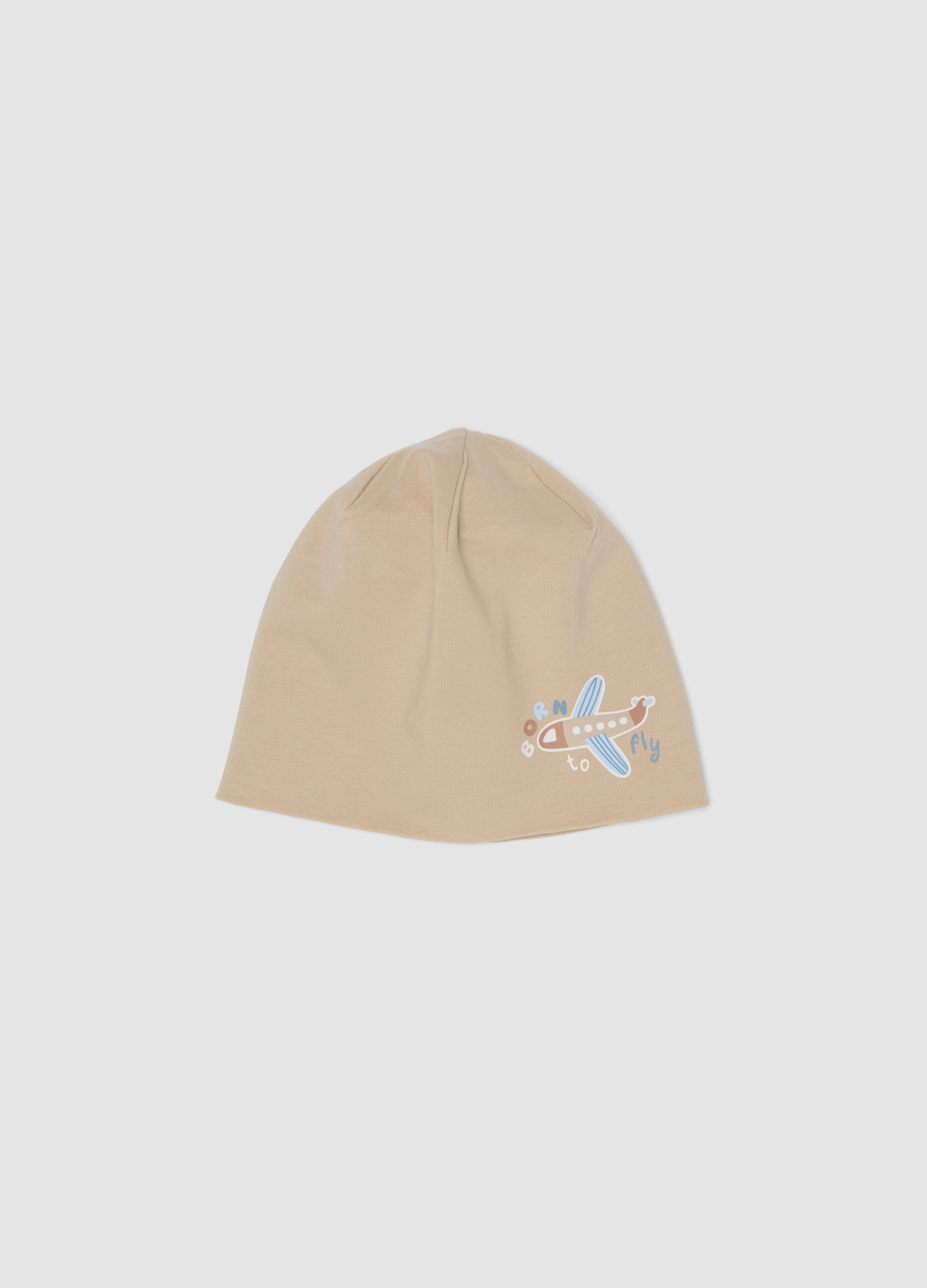Cappello beige in cotone organico elasticizzato con stampa aeroplano