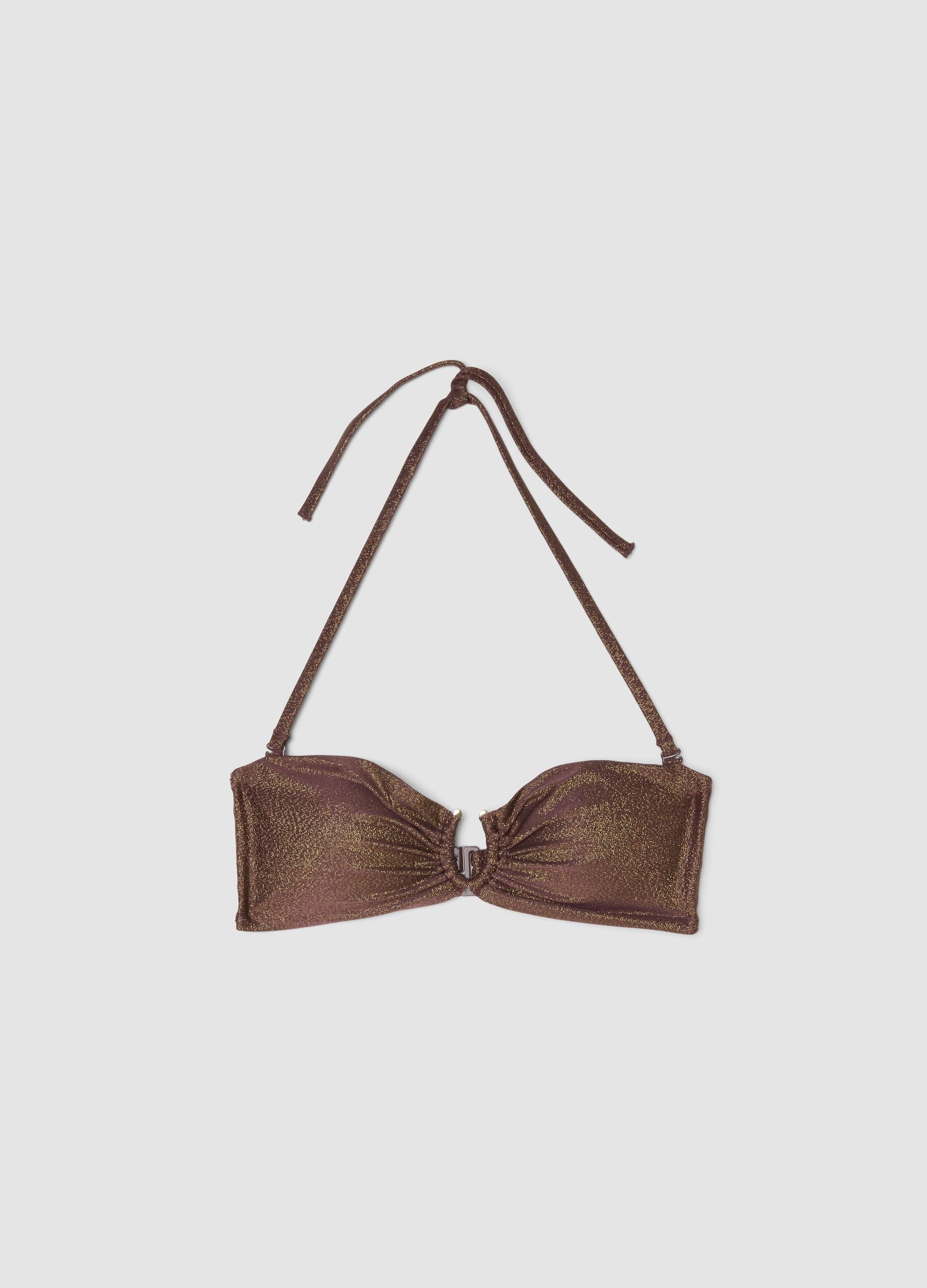 Brown bandeau bikini top in stretchy fabric with glitter