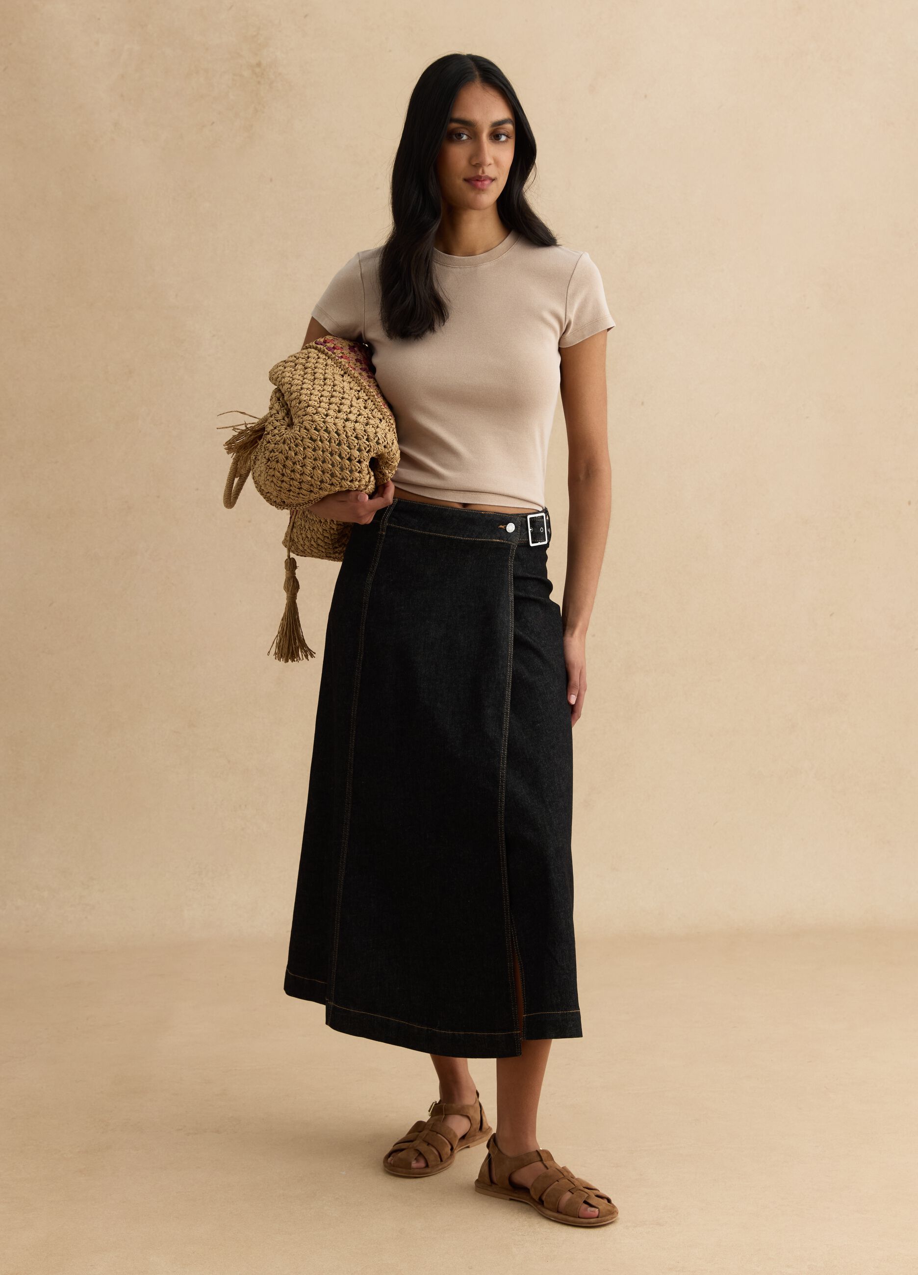 Beige stretch cotton fitted t-shirt