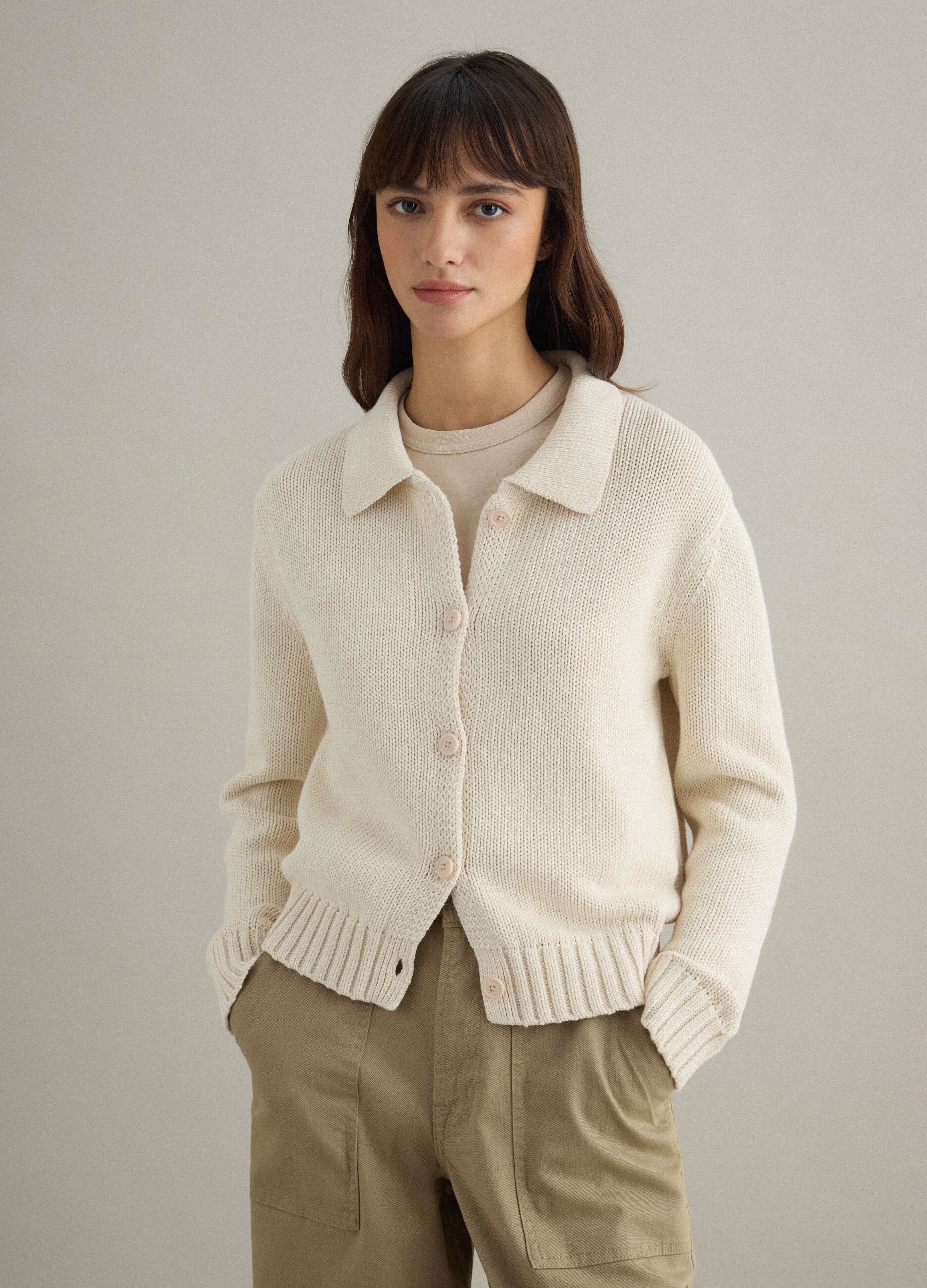 Beige pure cotton regular fit cardigan with polo collar