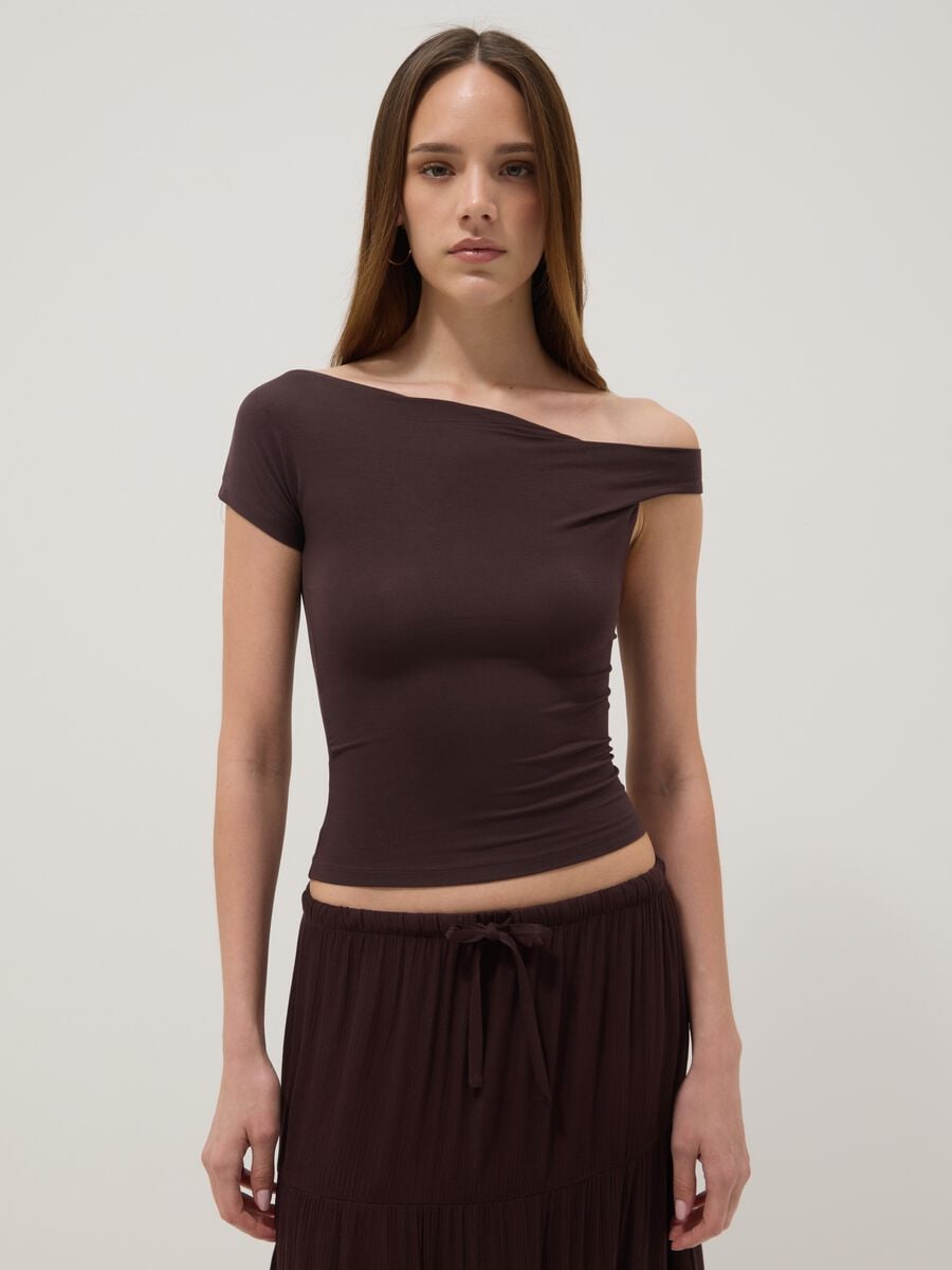Brown stretch viscose T-shirt with Bardot neckline_1