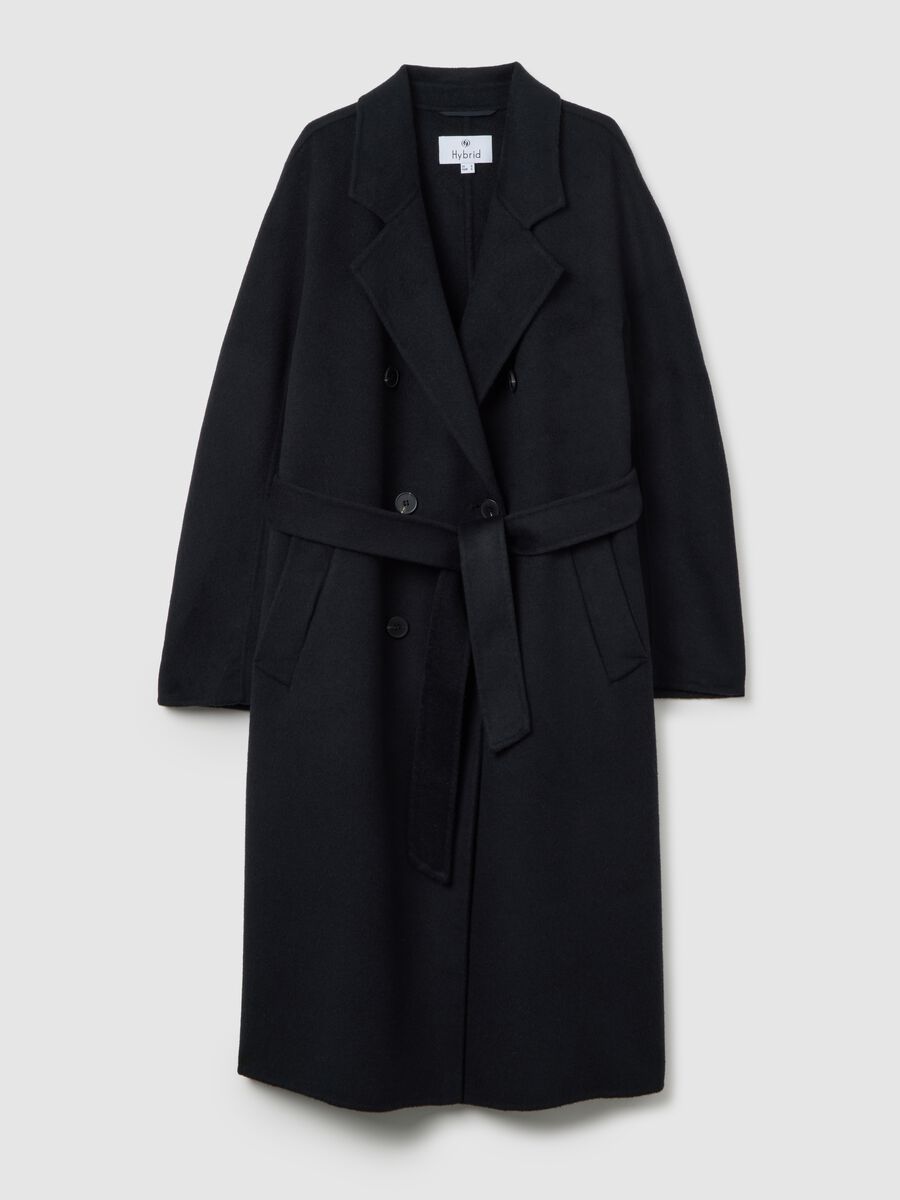 Cappotto doppiopetto blu in misto lana regular fit con cintura_4