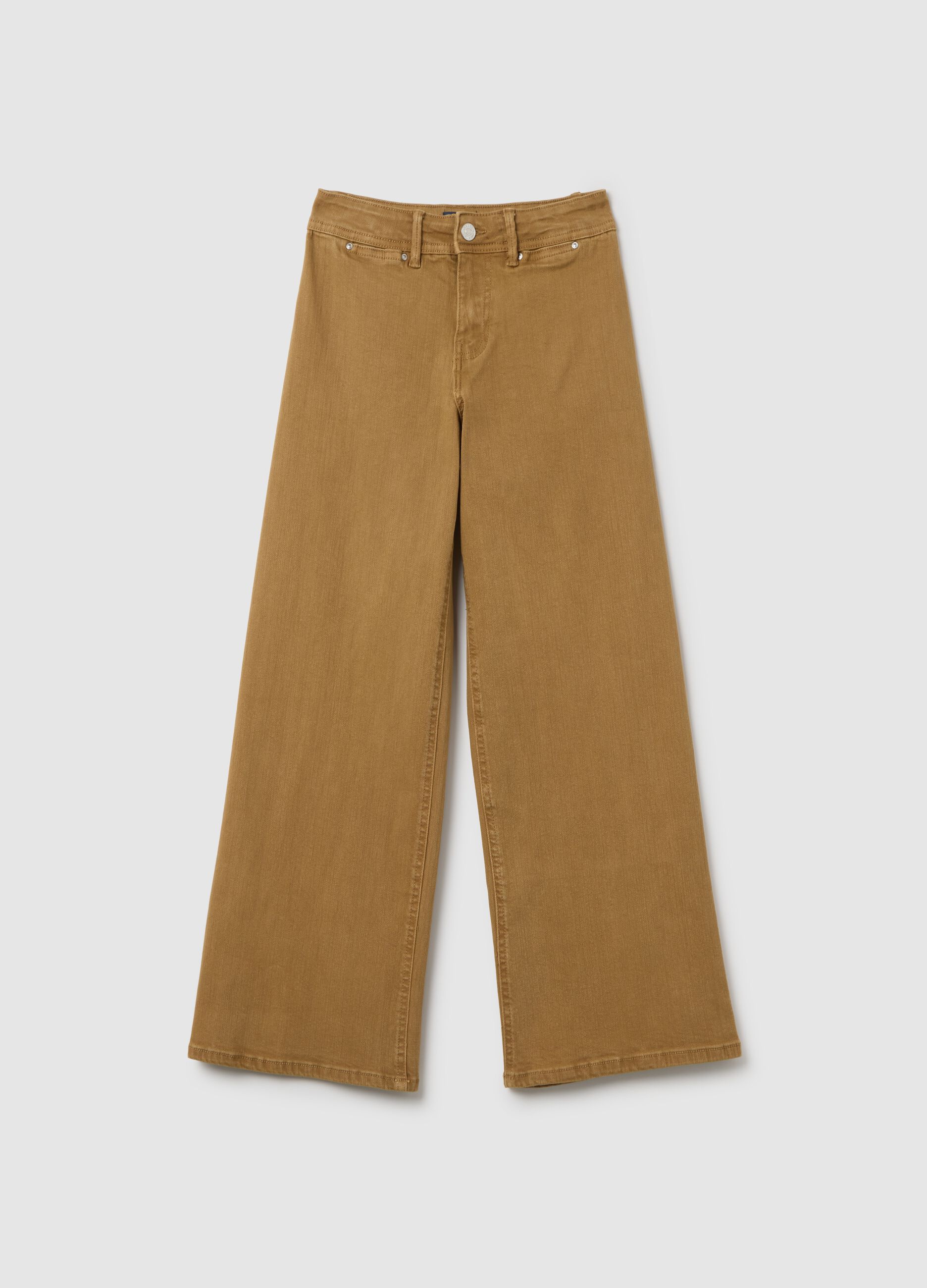 Pantaloni da ragazza in cotone elasticizzato marroni a gamba larga