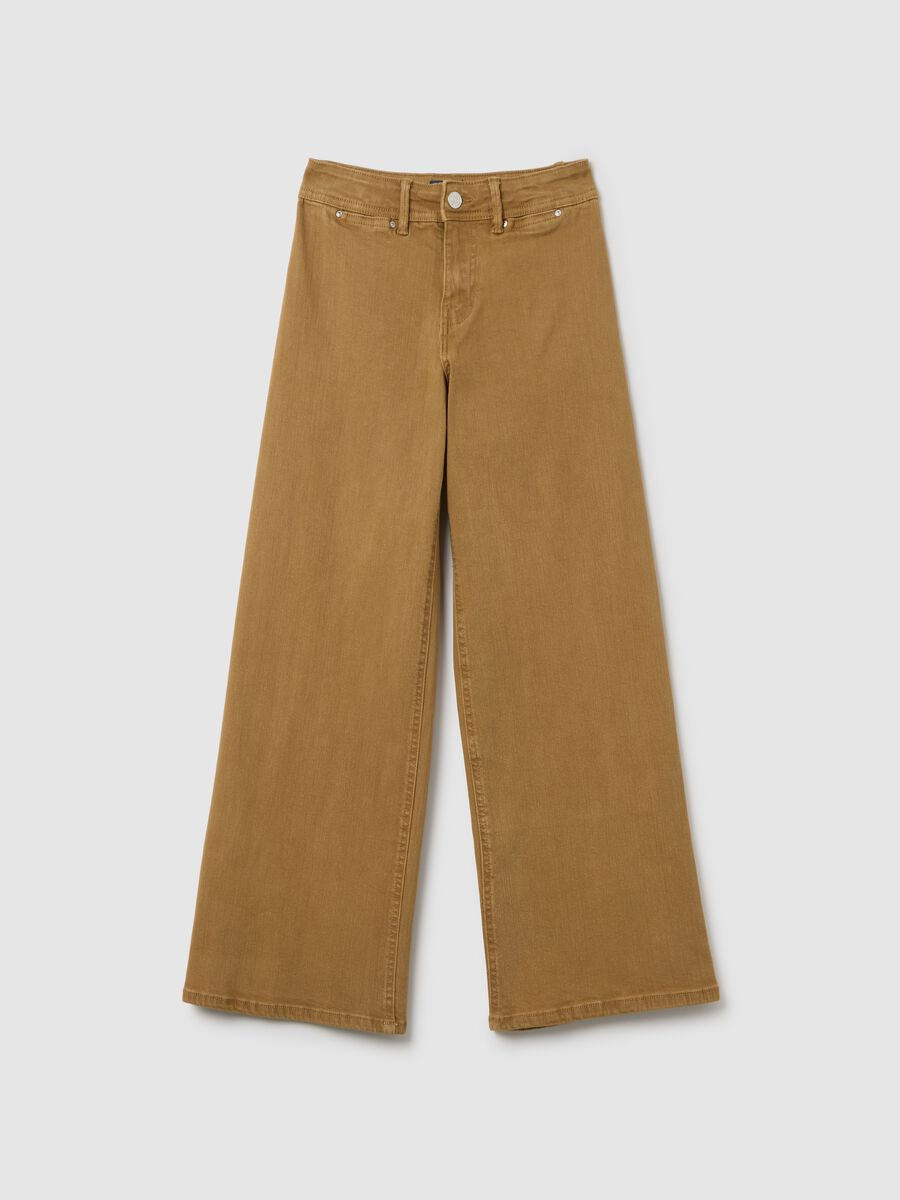 Pantaloni da ragazza in cotone elasticizzato marroni a gamba larga_0