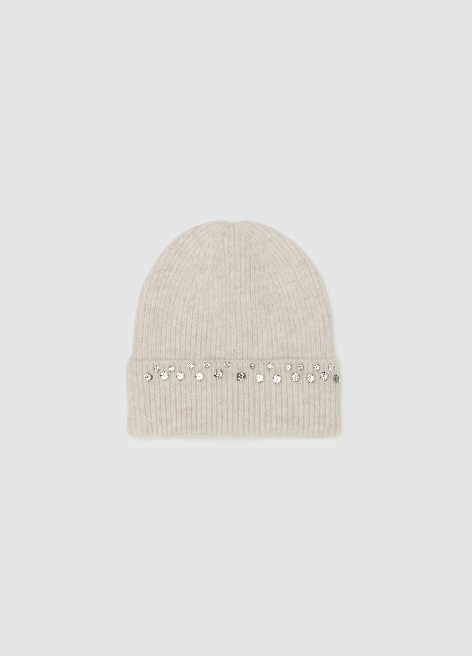 Beige ribbed beanie with rhinestone embroidery