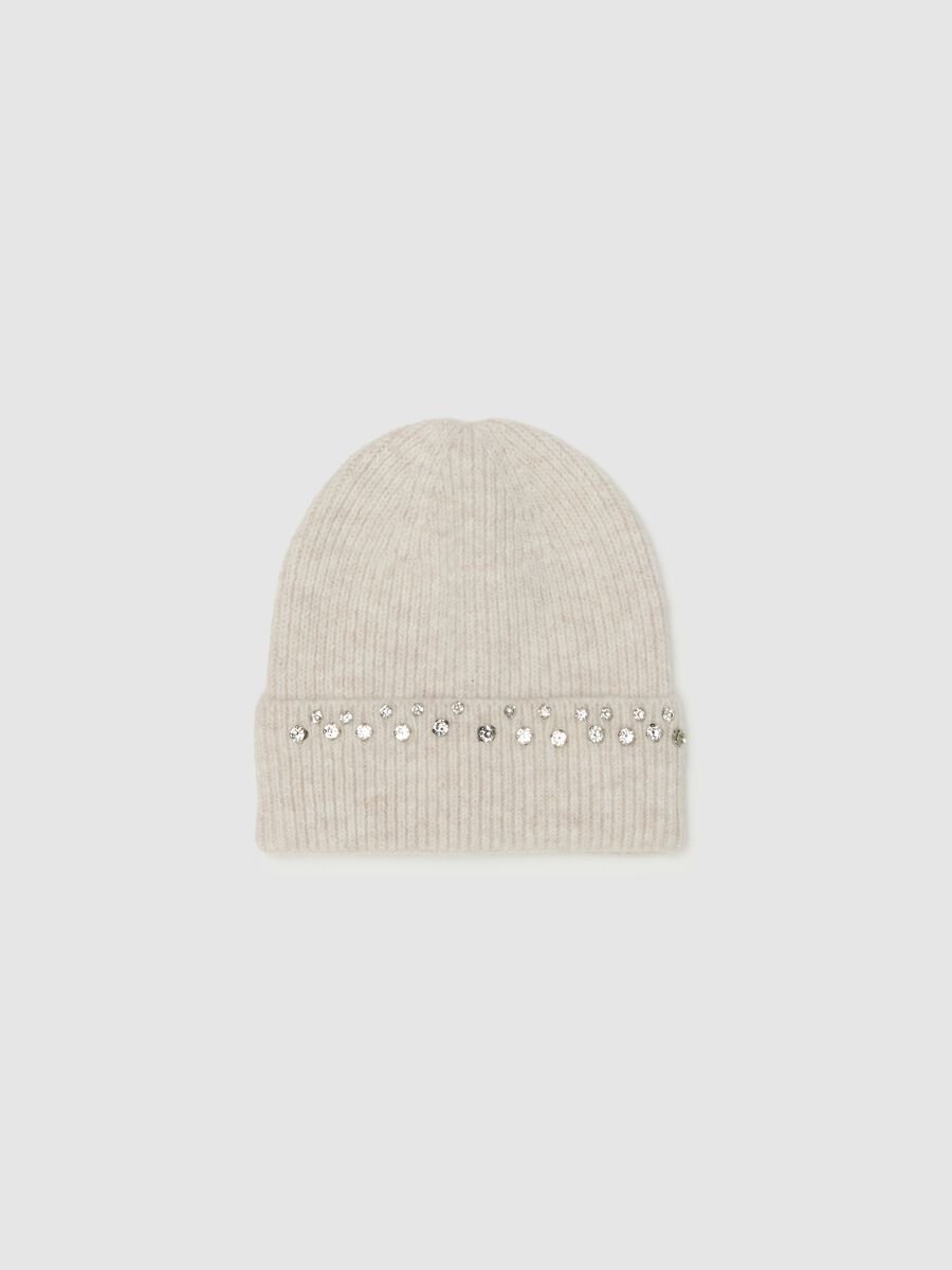 Berretto beanie a costine beige con ricami in strass_0