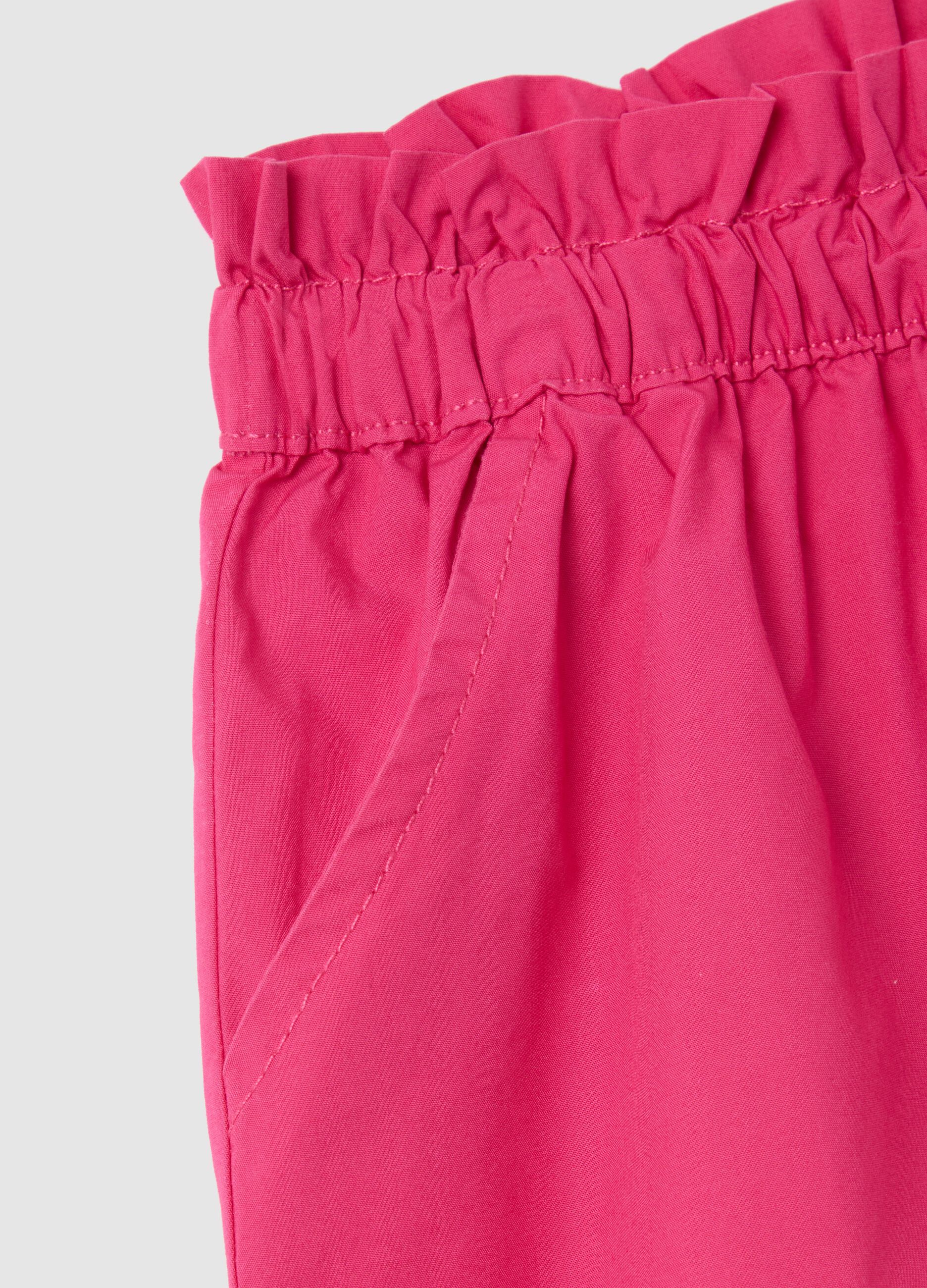 Girls' regular fit pink pure cotton shorts with ruched waistband