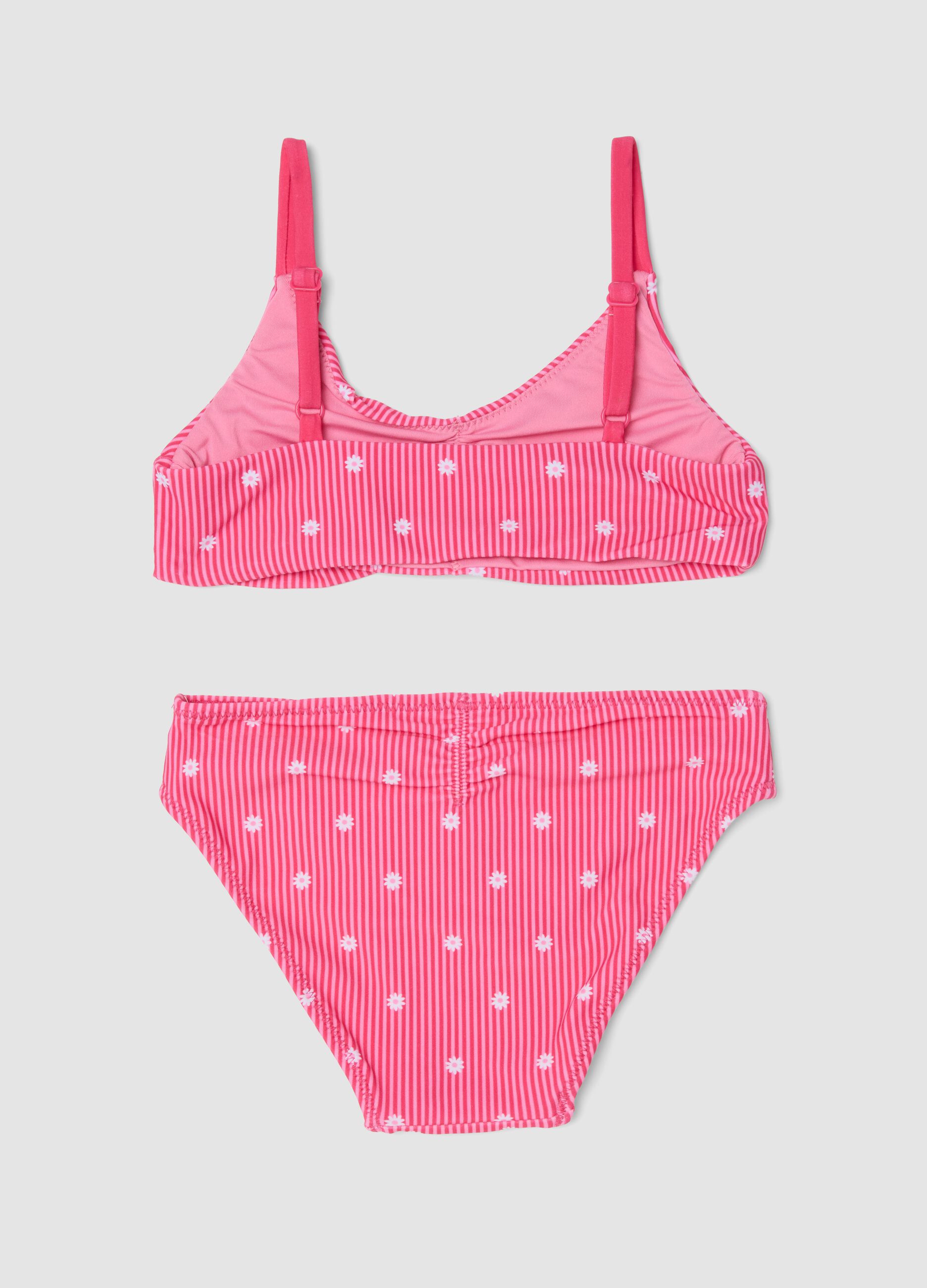 Pink striped stretch bikini with contrast flowers
