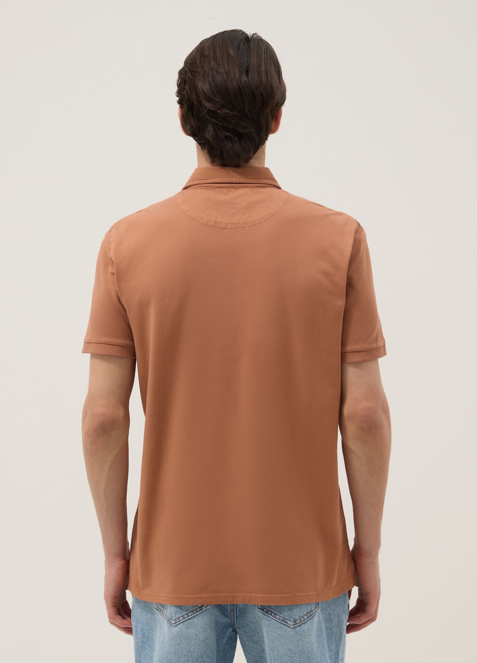 Brown pure cotton slim-fit short-sleeve polo shirt