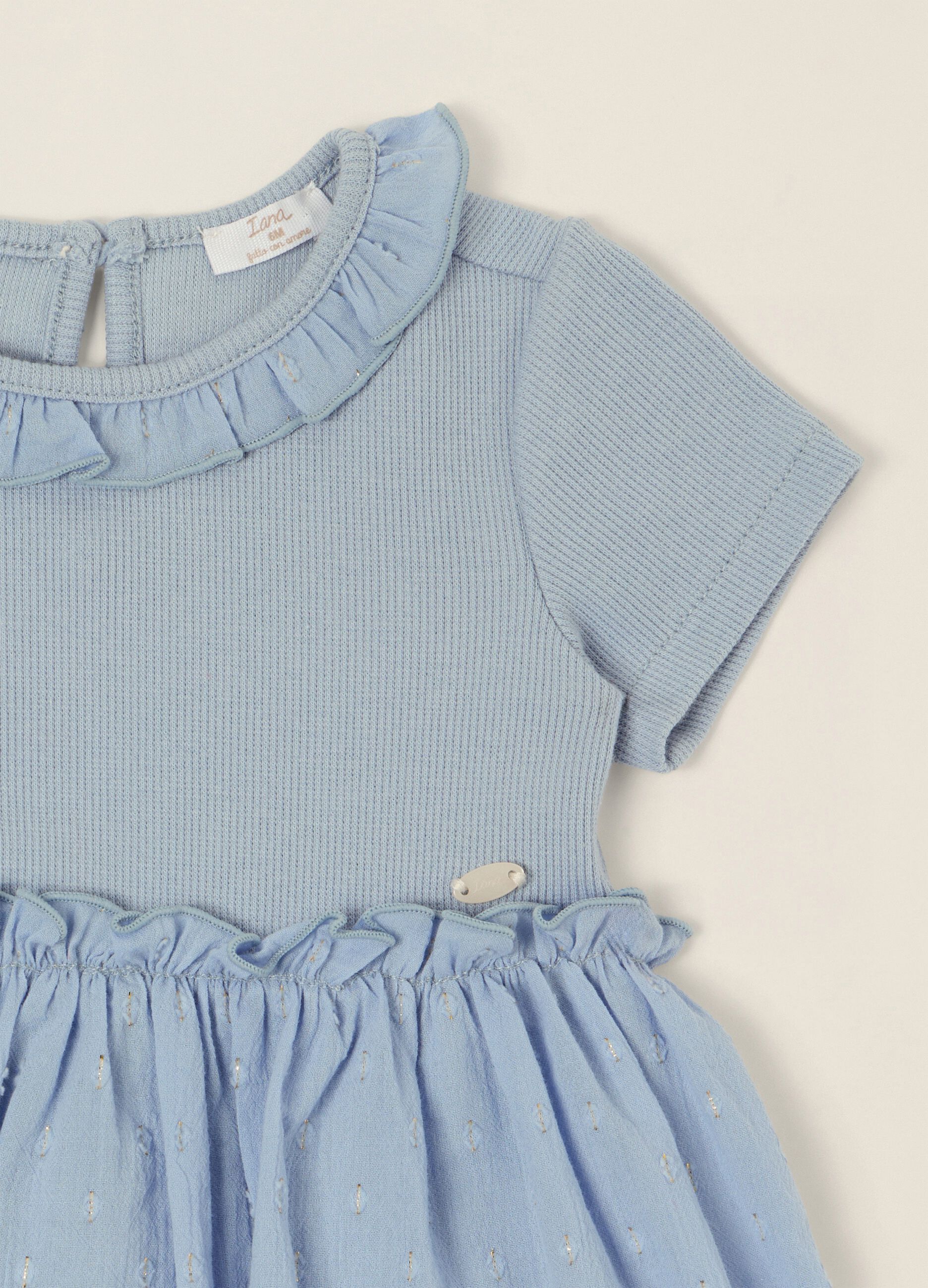 Baby Girl Light Blue Romper with Decorative Collar in Stretch Cotton