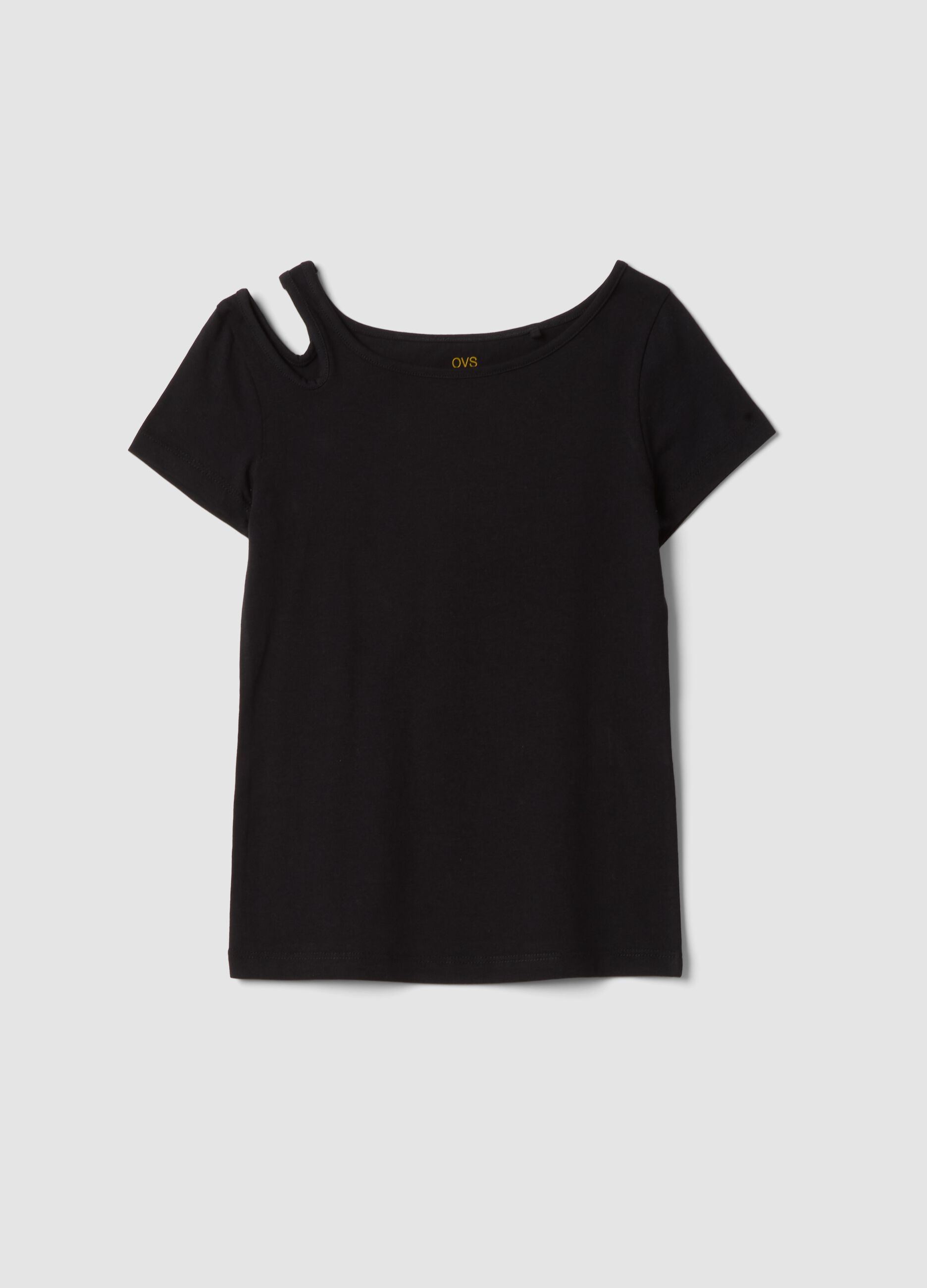 Black organic cotton T-shirt with cut-out shoulder