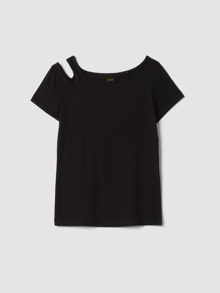 T-shirt nera in cotone organico con spalla cut-out_0