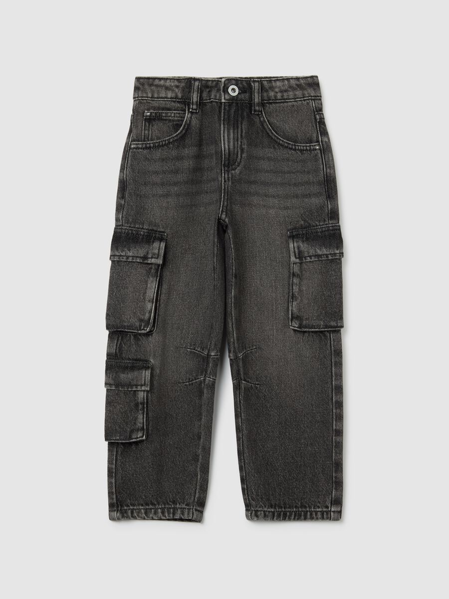 Children's pure cotton black regular fit cargo jeans_0